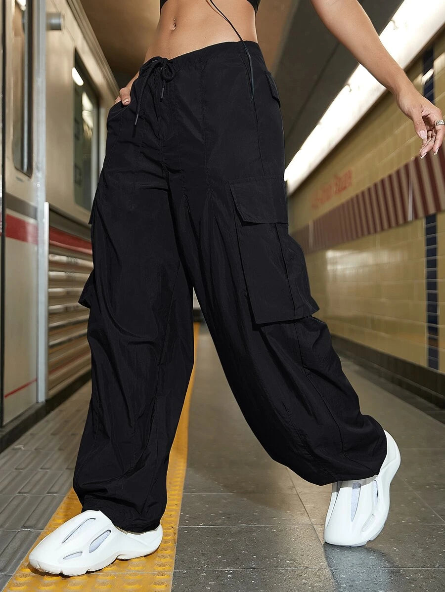 Drawstring Waist Wide Leg Parachute Cargo Jogger PantsDrawstring Waist Wide Leg Parachute Cargo Jogger Pants - Image 7