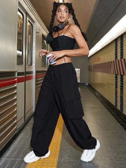 Drawstring Waist Wide Leg Parachute Cargo Jogger Pants