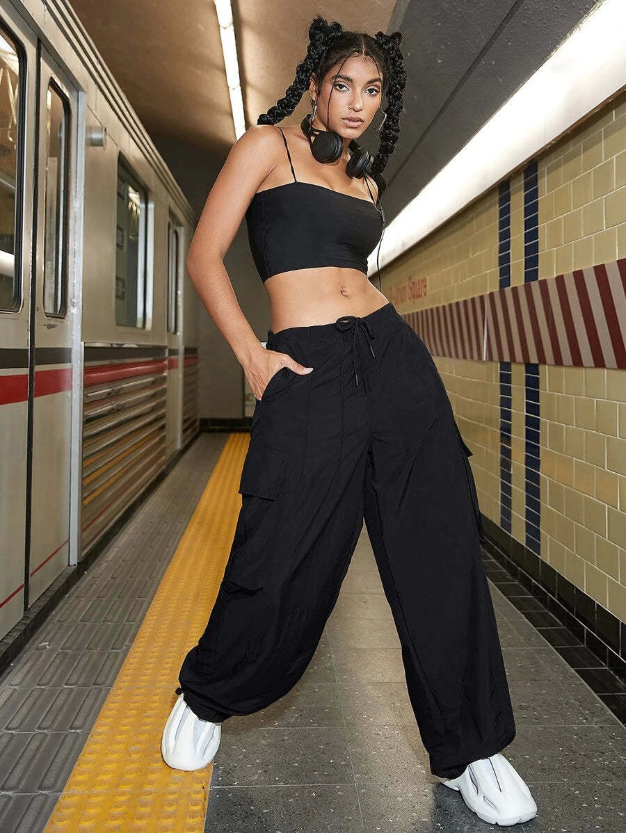 Drawstring Waist Wide Leg Parachute Cargo Jogger Pants