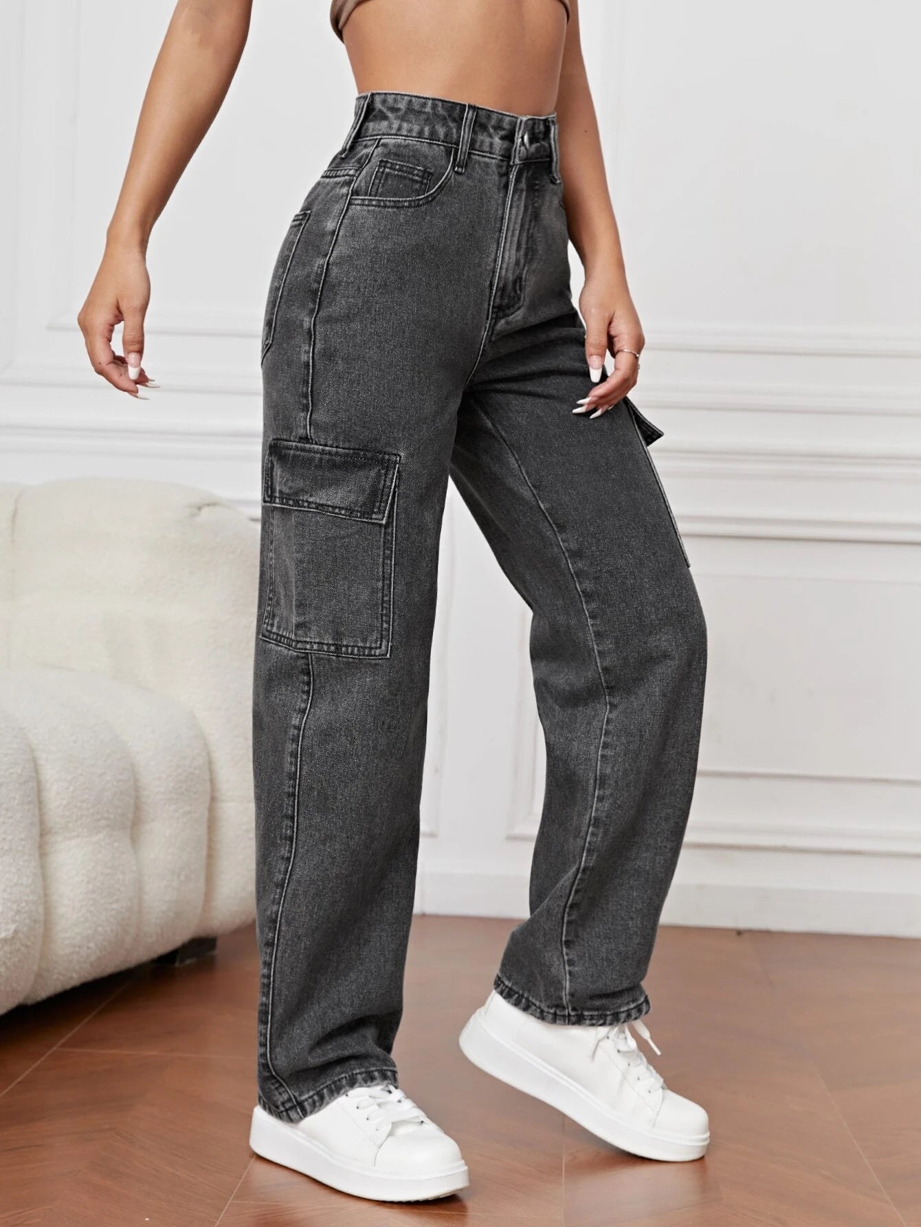 High Waist Flap Pocket Straight Leg Jeans in Green – lifestyle view 26