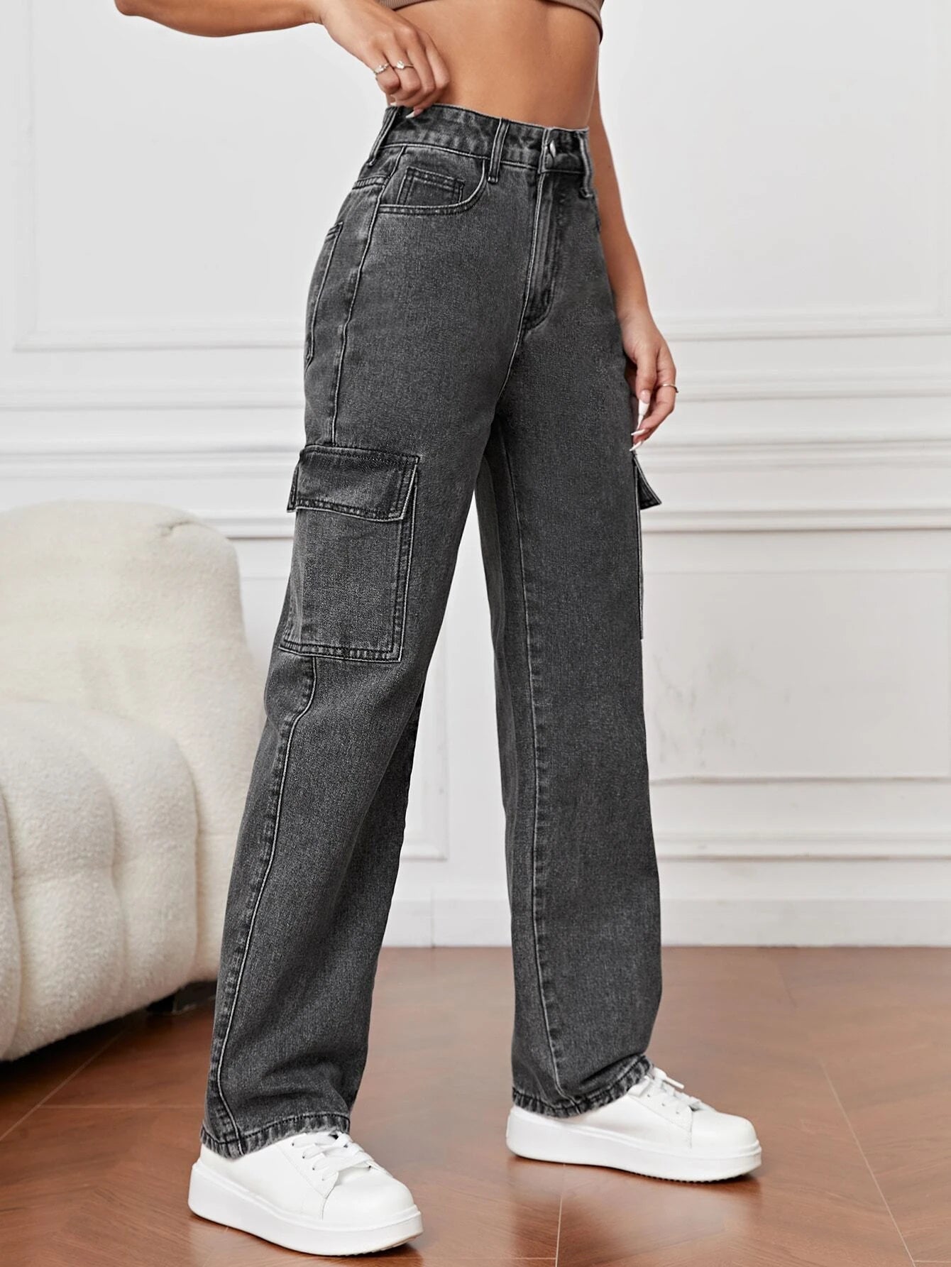 High Waist Flap Pocket Straight Leg Jeans in Green – lifestyle view 27