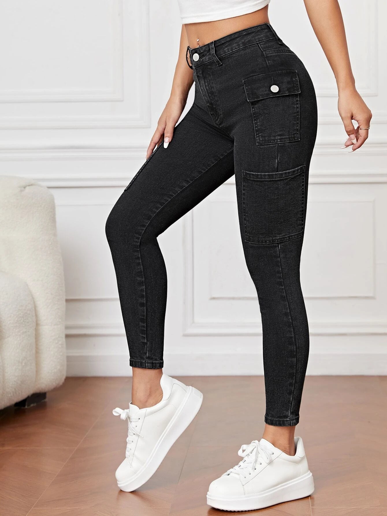 Side Cargo Jeans With Flap Pockets – side profile view