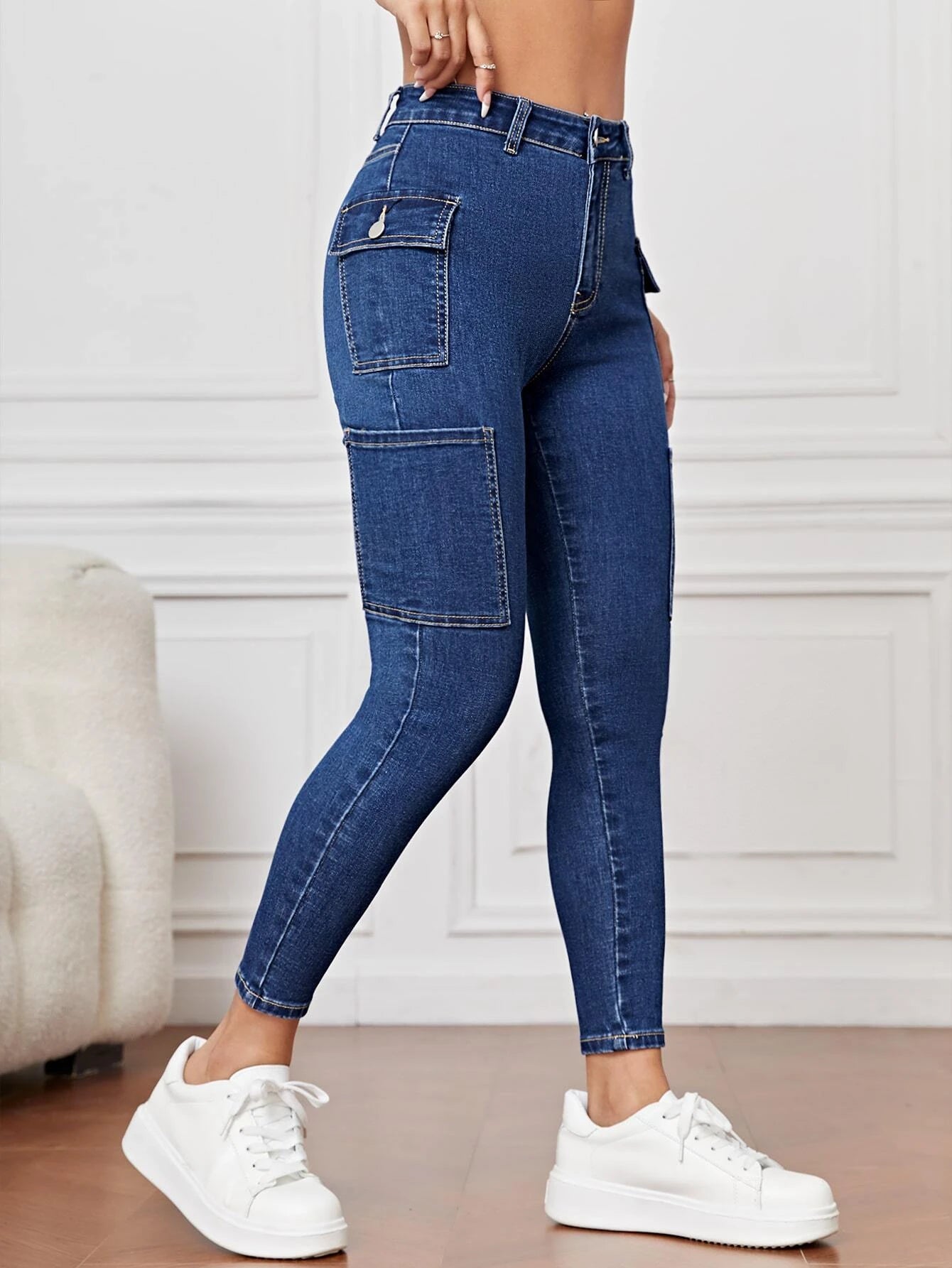 Side Cargo Jeans With Flap Pockets – model wearing view