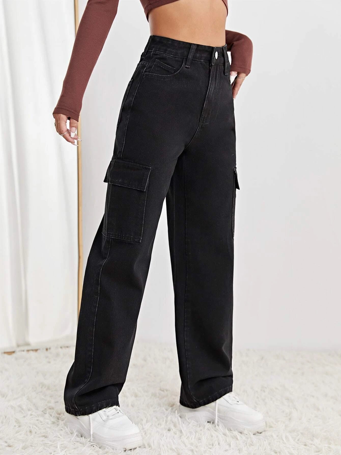 High Waist Flap Pocket Straight Leg Jeans – model wearing view
