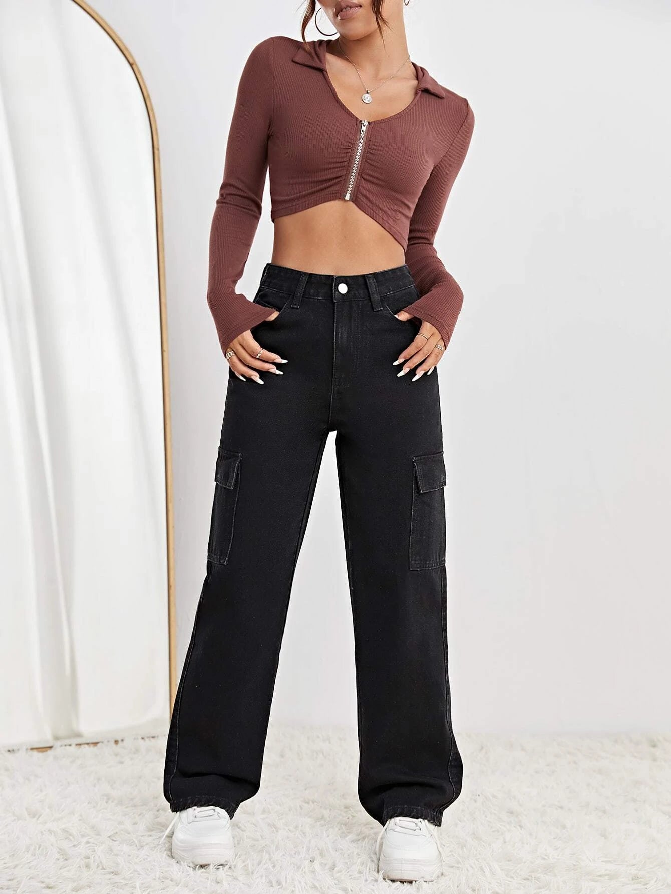 High Waist Flap Pocket Straight Leg Jeans in Green – fabric detail close-up