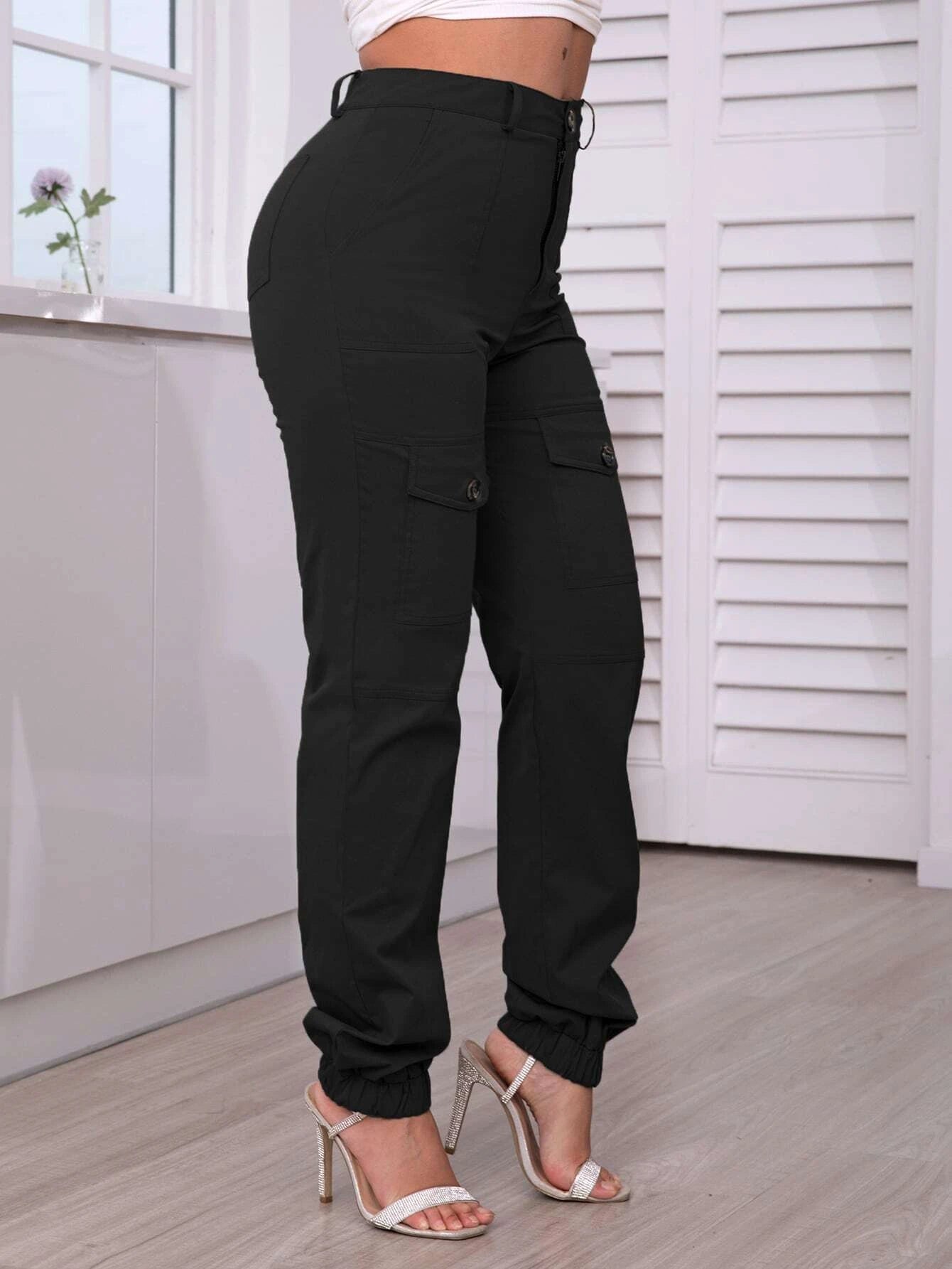 High Waist Flap Pocket Trendy Cargo Pants – pocket detail close-up