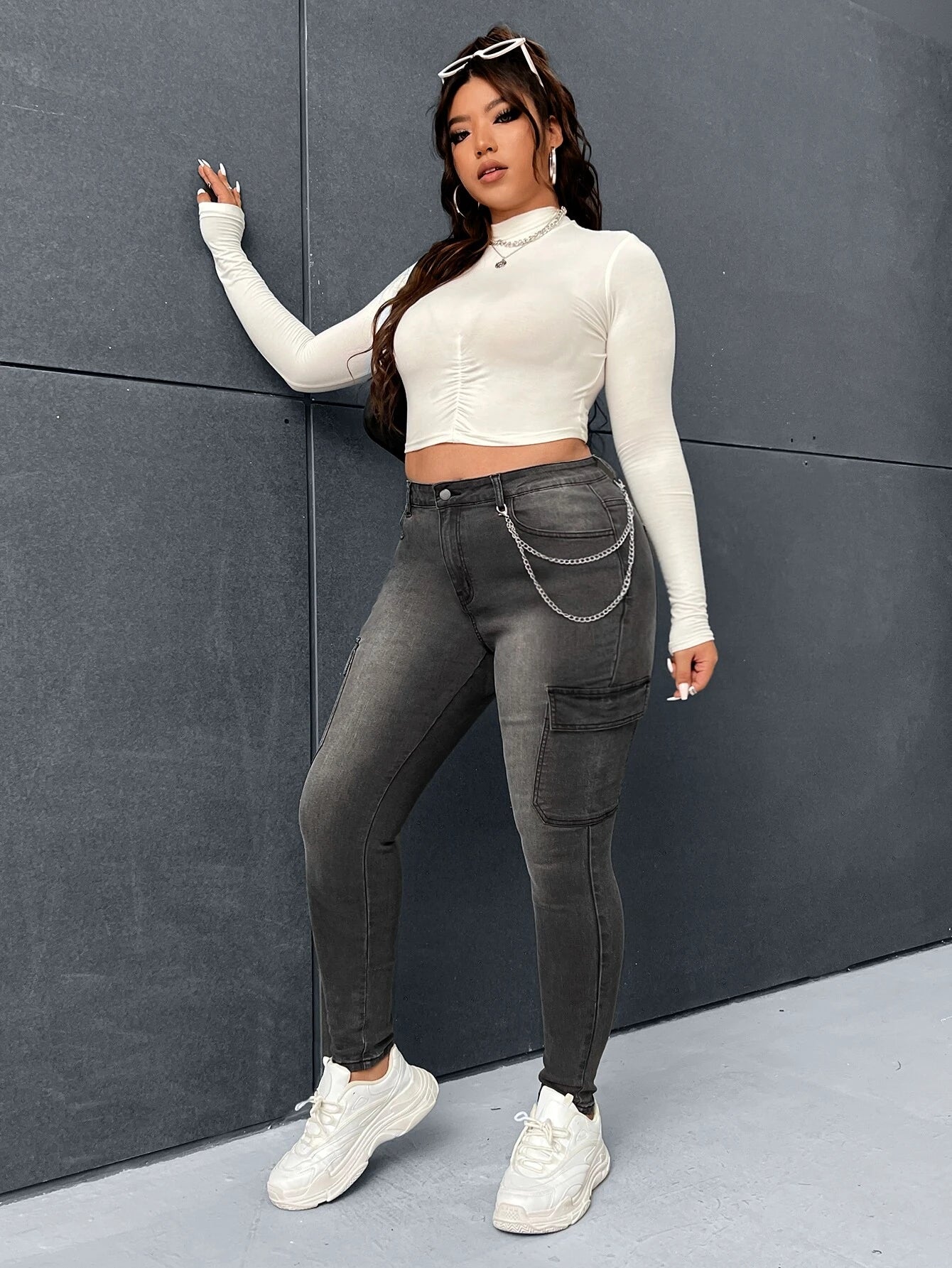 Chain Detail Flap Pocket Jeans – full length outfit view