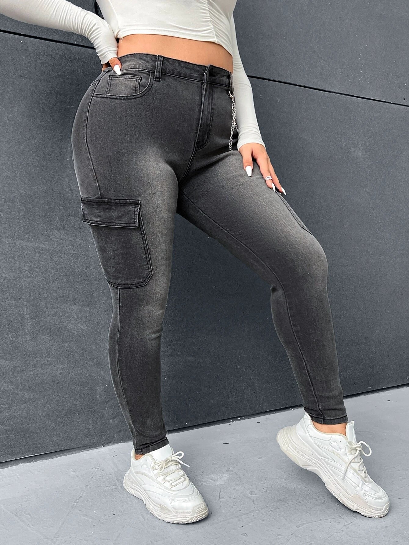 Chain Detail Flap Pocket Jeans – side profile view