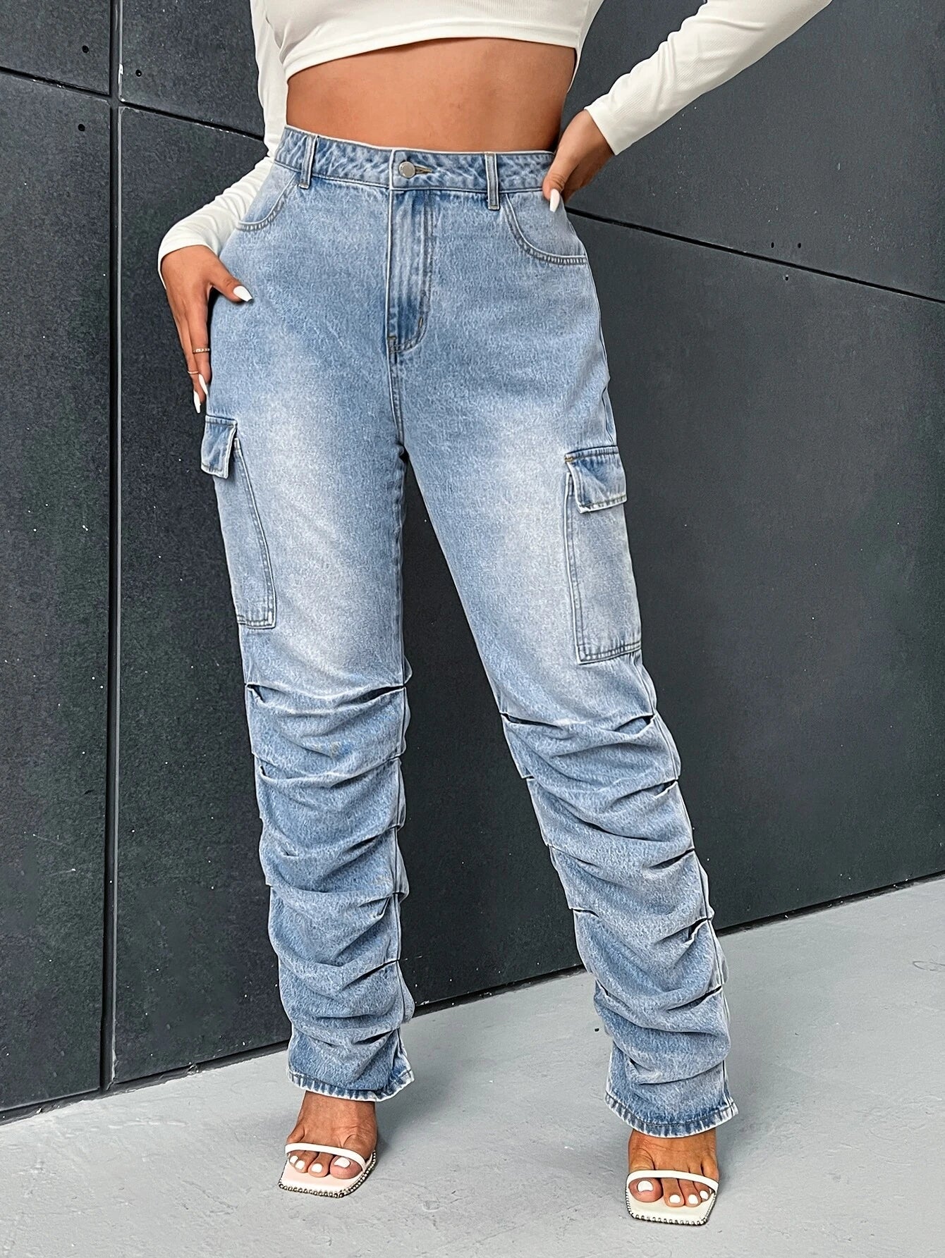 Ruched Side Stacked Cargo Jeans – women's cargo pants front view
