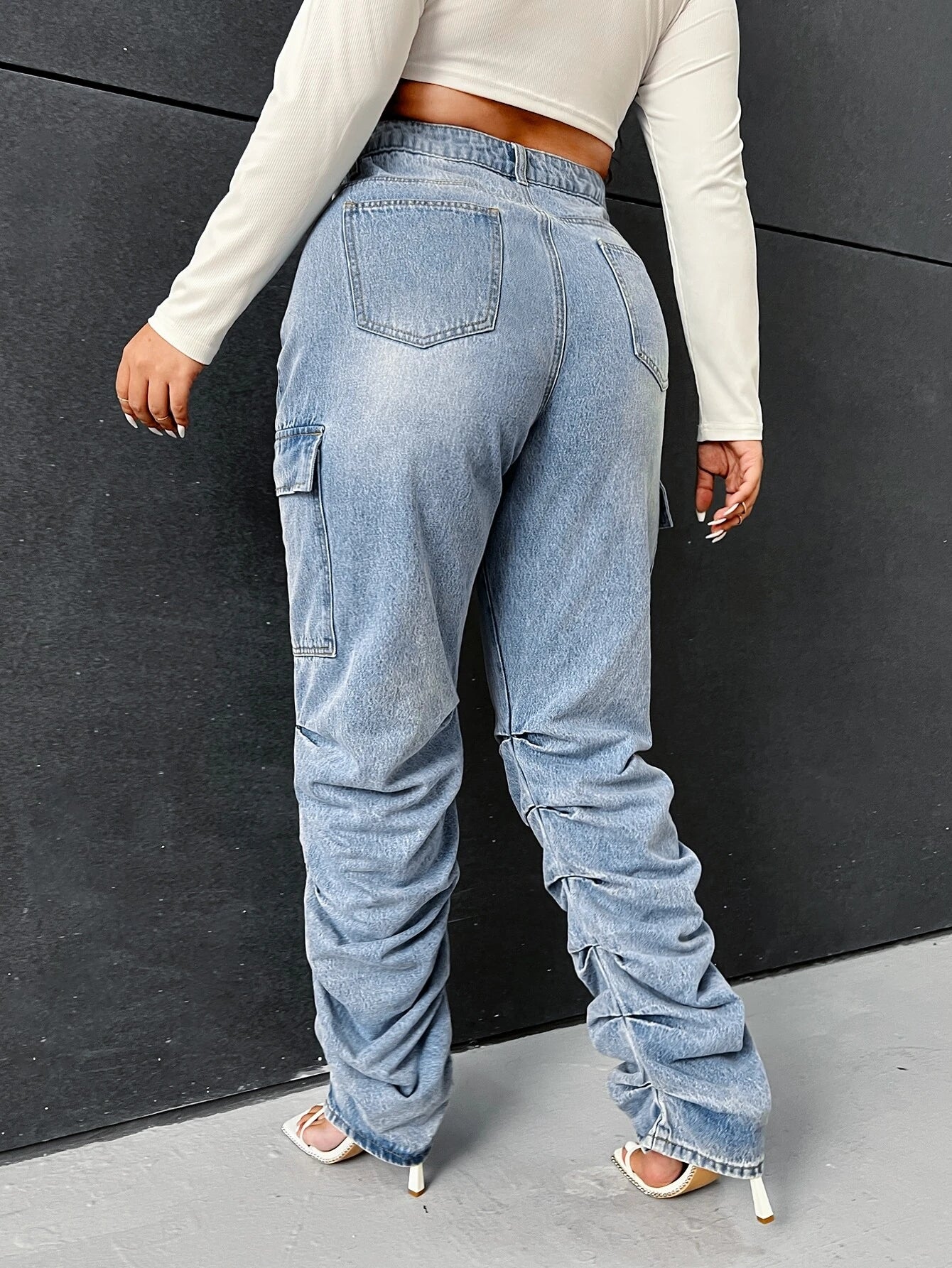 Ruched Side Stacked Cargo Jeans – back view detail