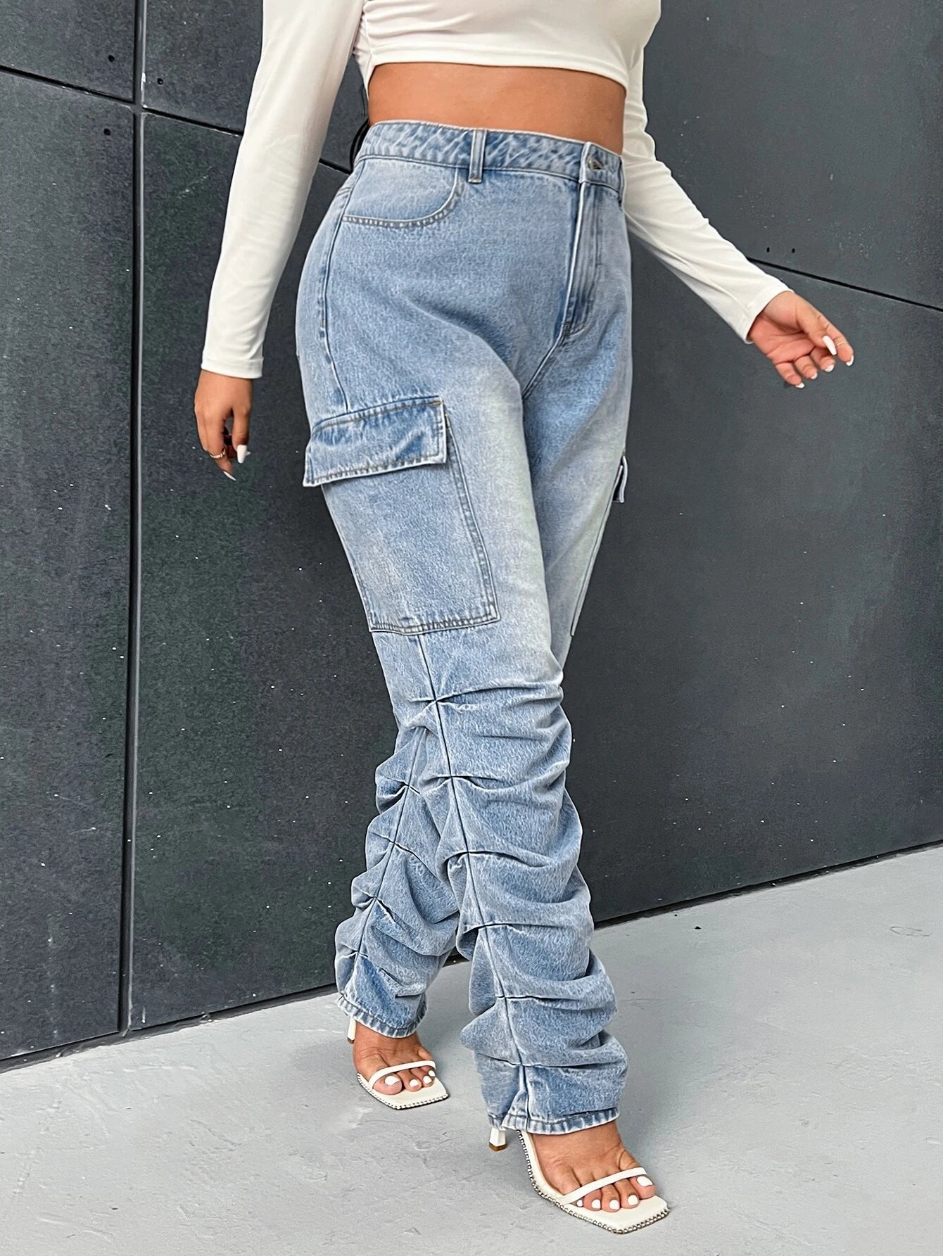 Ruched Side Stacked Cargo Jeans – pocket detail close-up
