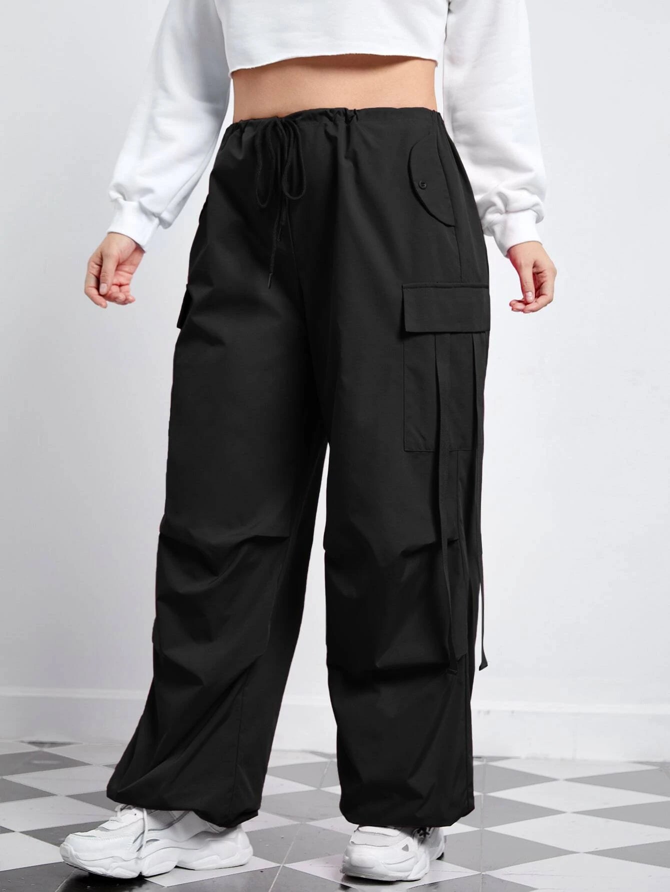 Flap Pocket Side Drawstring Waist Pants – styled outfit view