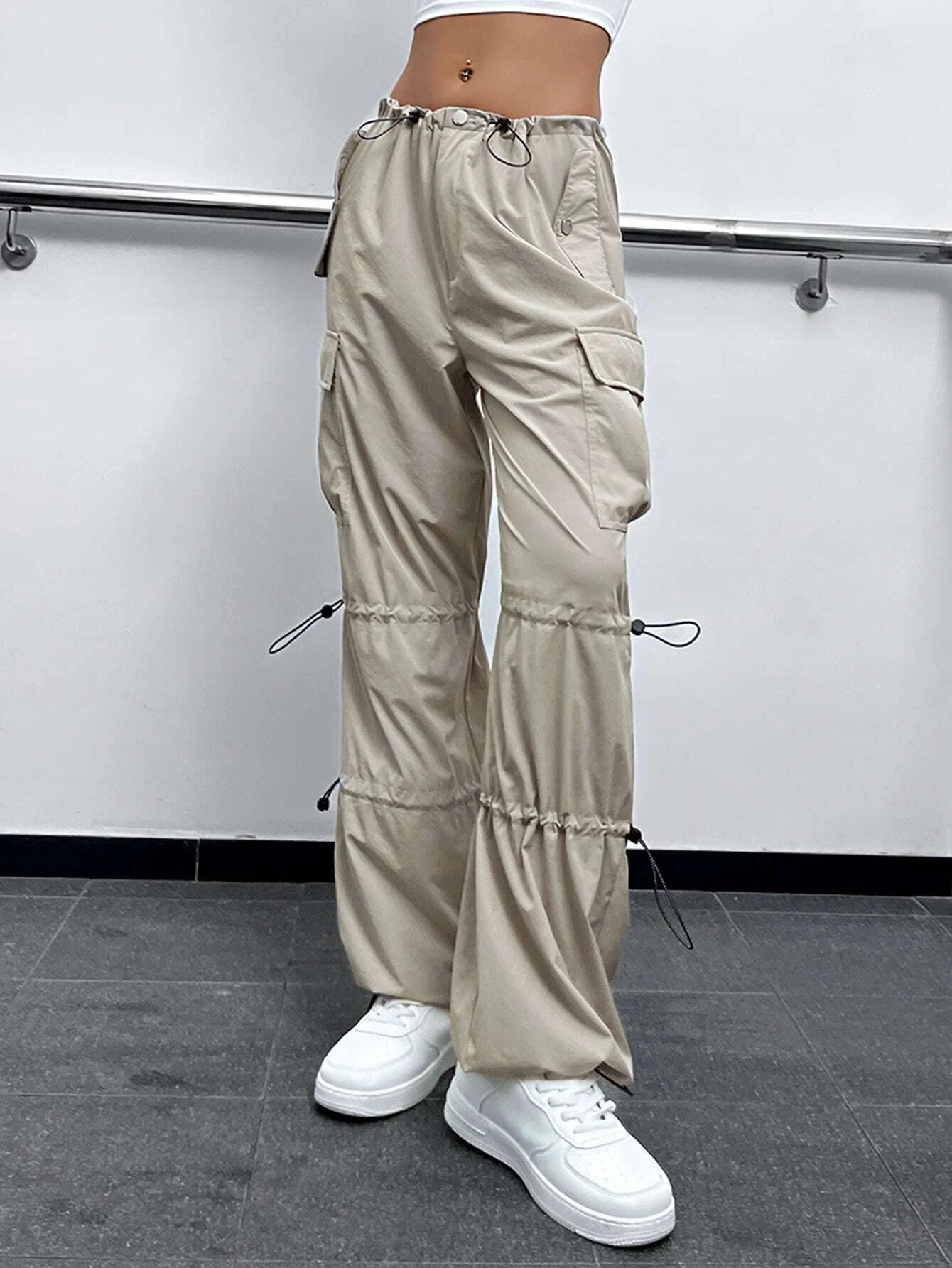 Drawstring Detail Flap Pocket Parachute Cargo Pants – side profile view