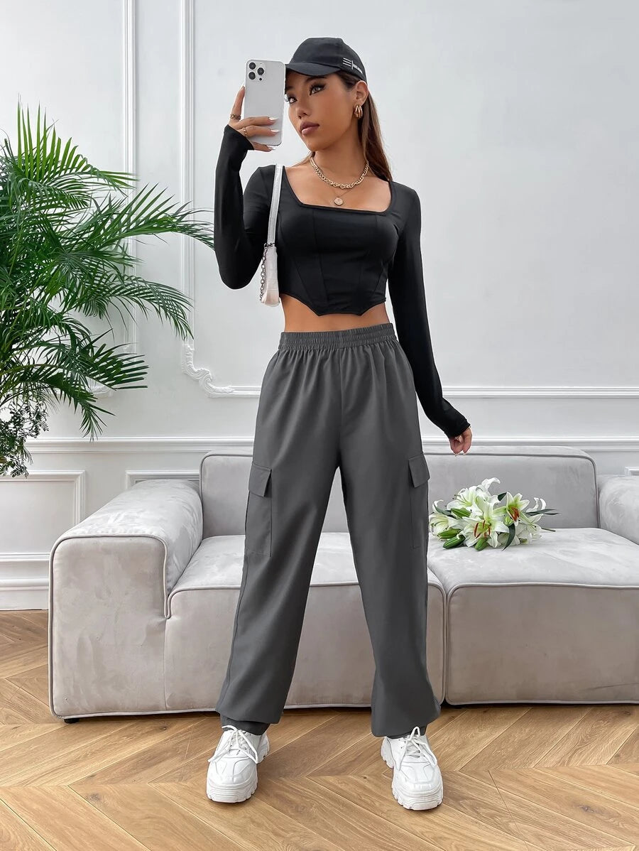 High Waist Side Pocket Flap Cargo Pants – back view detail