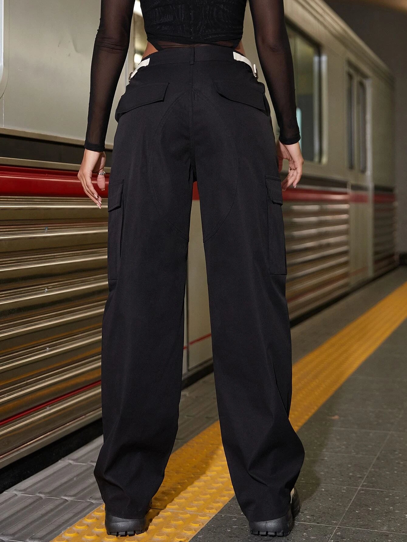 Buckled Flap Pocket Side Cargo Pants – side profile view
