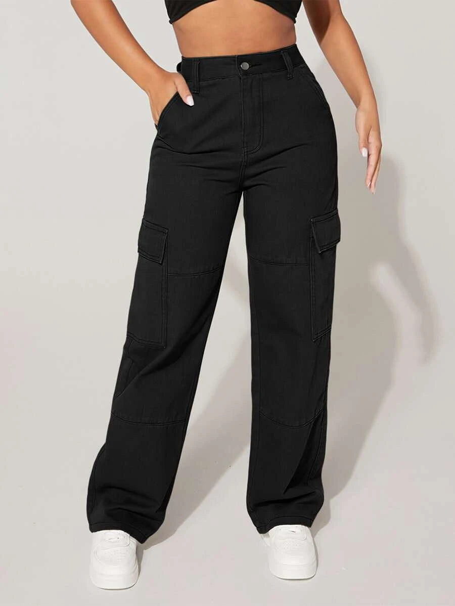 Trendy Flap Pocket High Waist Denim Cargo Jeans – side profile view