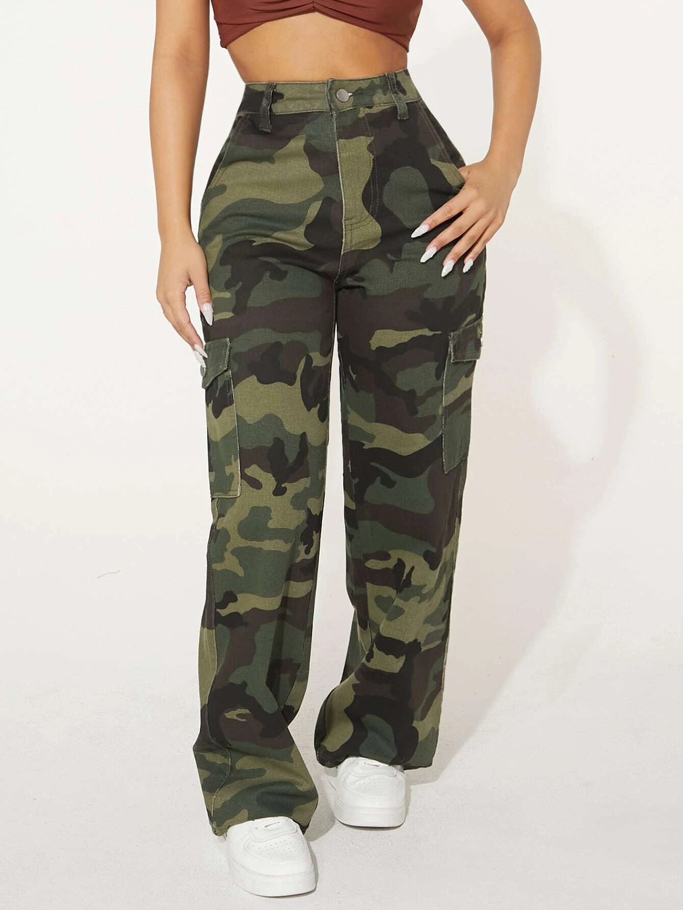 Camo Print Flap Pocket Side High Waist Cargo JeansCamo Print Flap Pocket Side High Waist Cargo Jeans - Image 8
