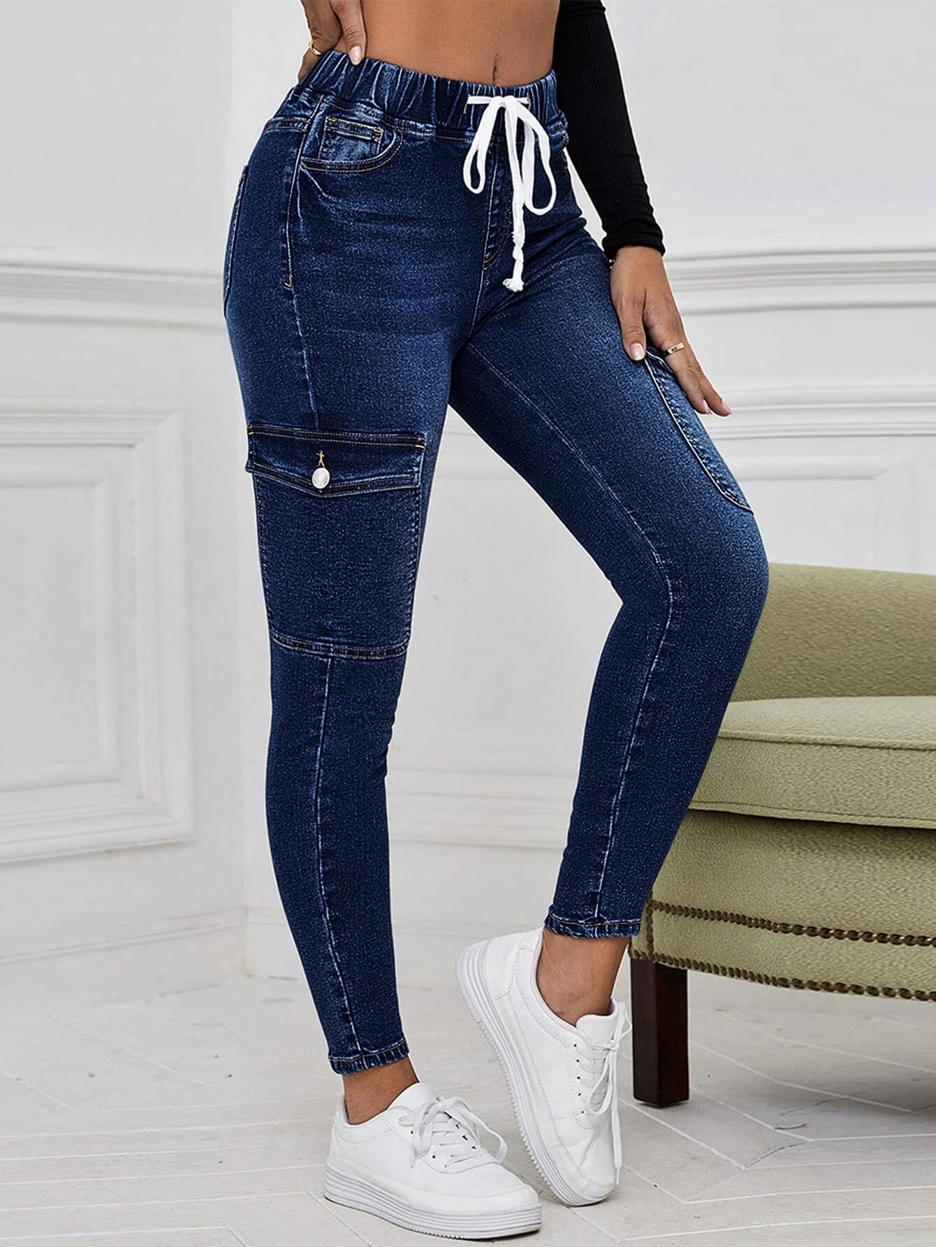 Drawstring Flap Pocket Cargo Jeans – fabric detail close-up