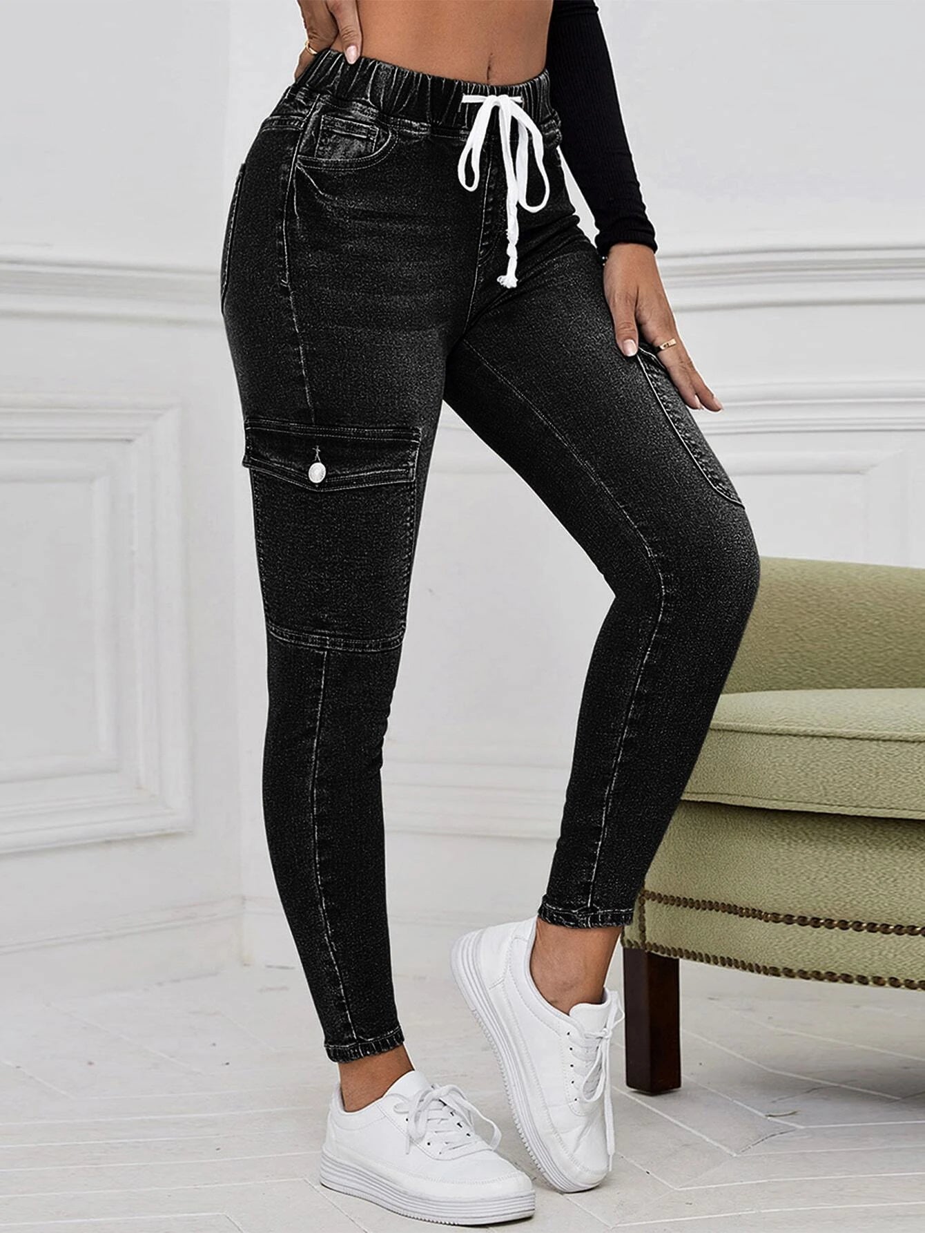 Drawstring Waist Flap Pocket Cargo Jeans in Black #ns-4 – women's cargo pants front view