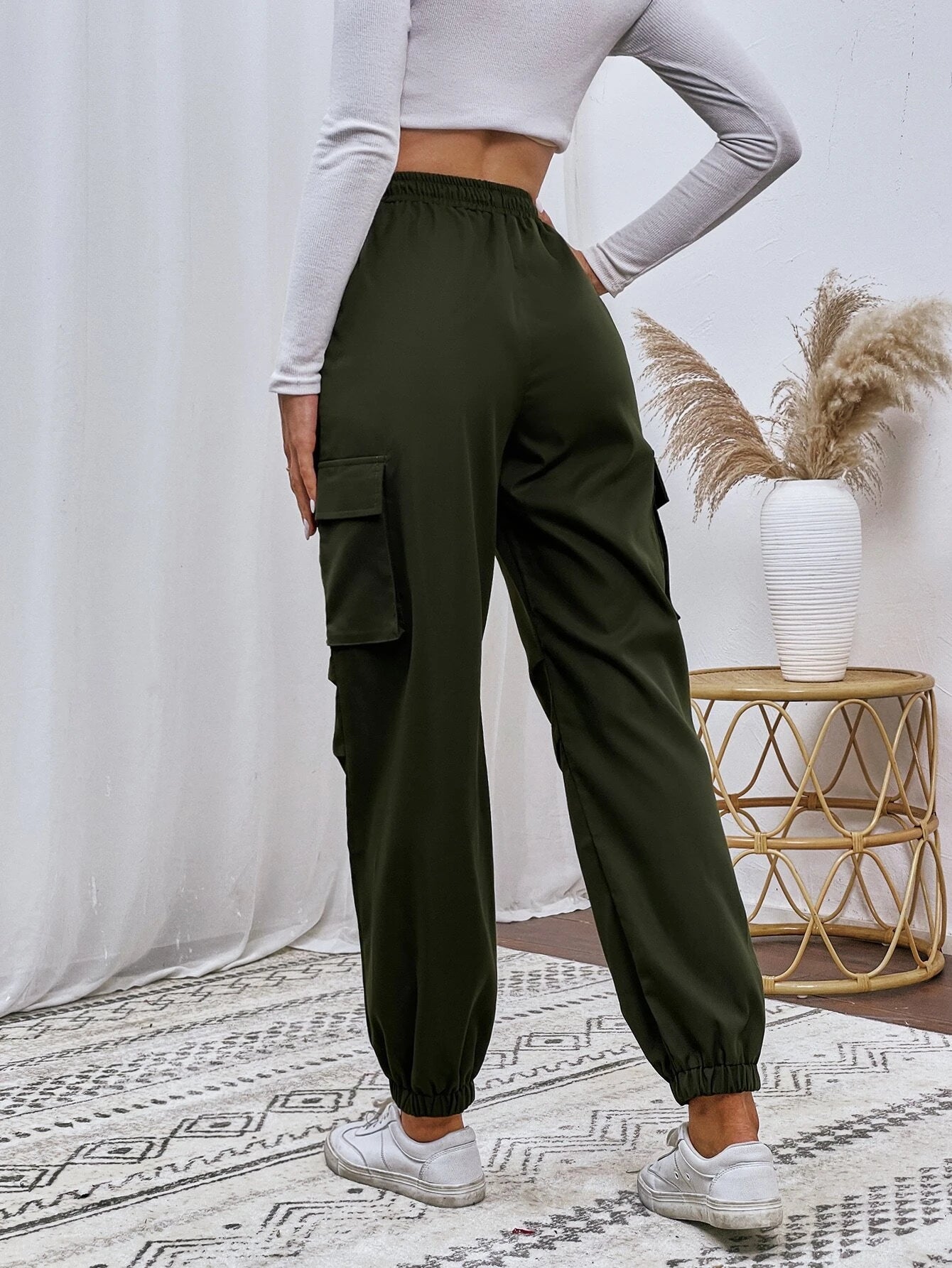 Flap Pocket Drawstring Cargo Pants – fabric detail close-up