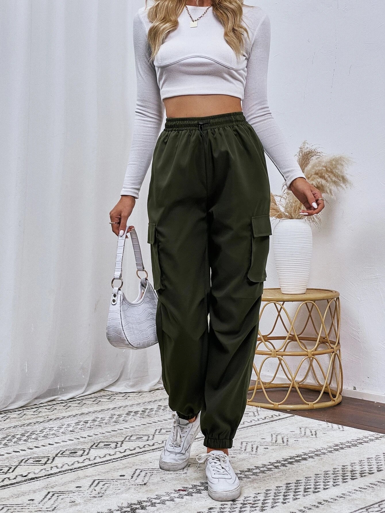 Flap Pocket Drawstring Cargo Pants – women's cargo pants front view