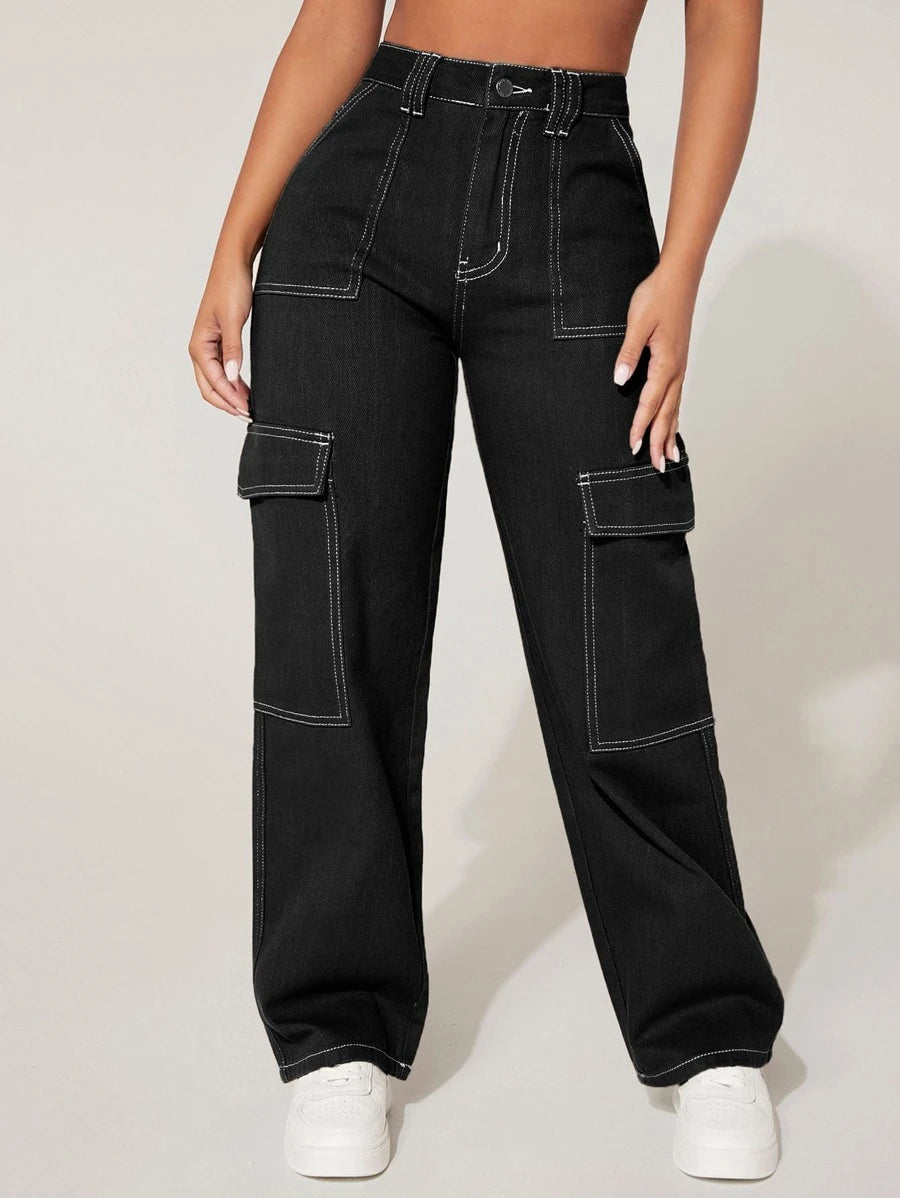 High Waist Denim Flap Pocket Cargo Jeans – lifestyle view 16