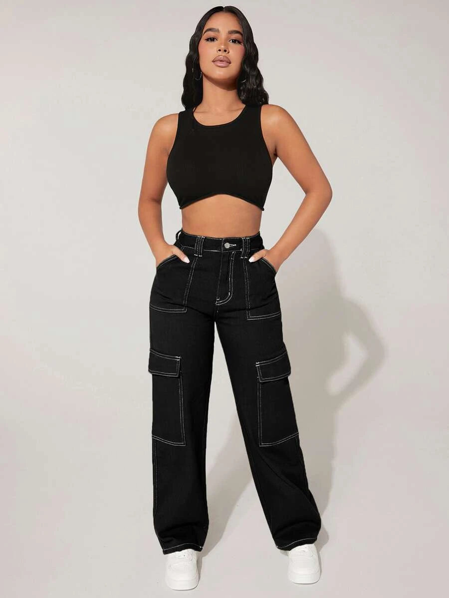 Trendy High Waist Flap Pocket Denim Cargo Jeans – lifestyle view 14