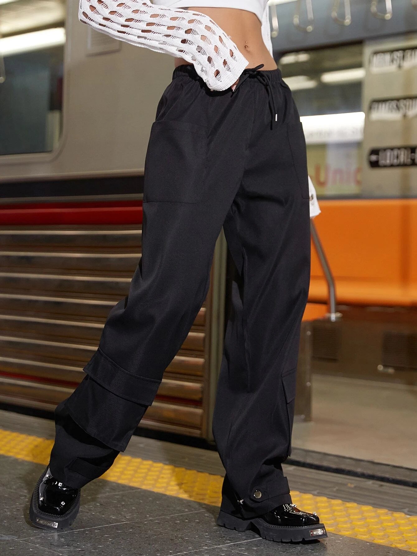 Drawstring Flap Pocket Cargo Pants – women's cargo pants front view