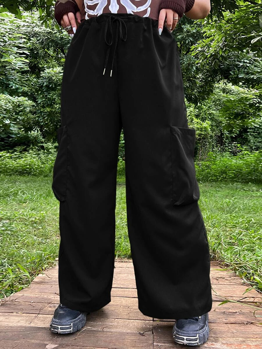 Flap Pocket Drawstring Waist Wide Leg Pants – styled outfit view