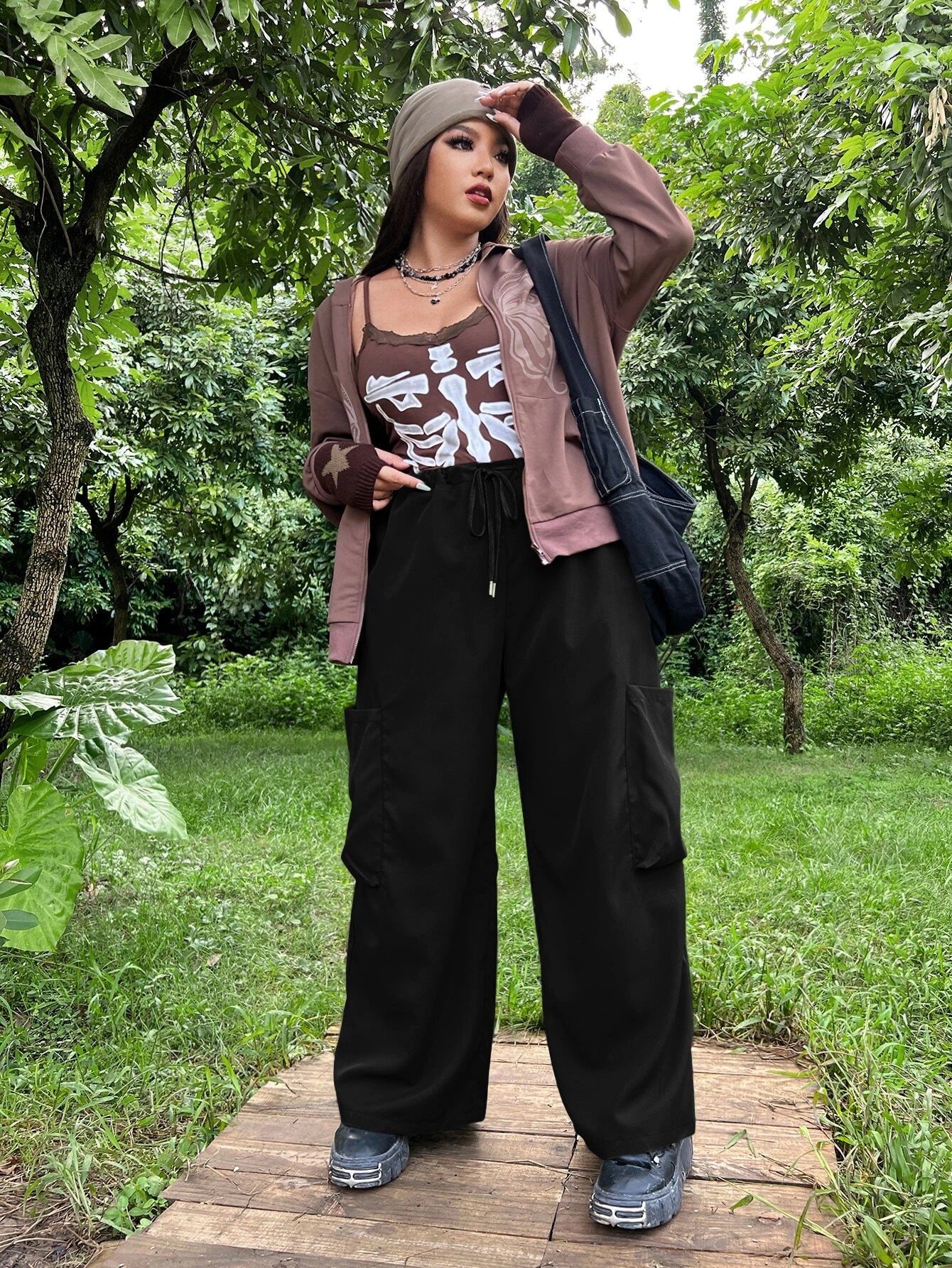 Flap Pocket Non-Stretch Drawstring Waist Pant – model wearing view