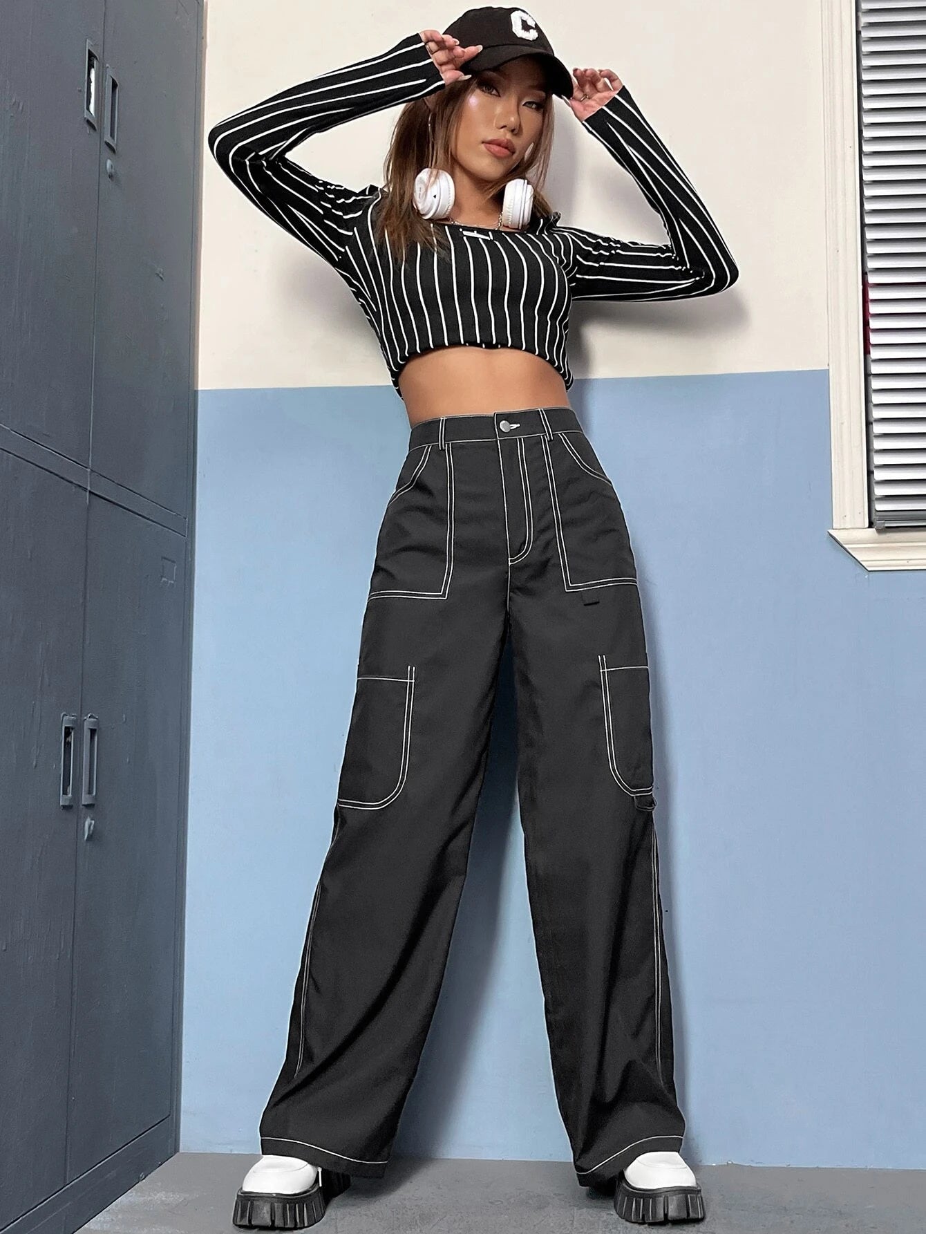 Top-Stitch High Waist Pants – side profile view