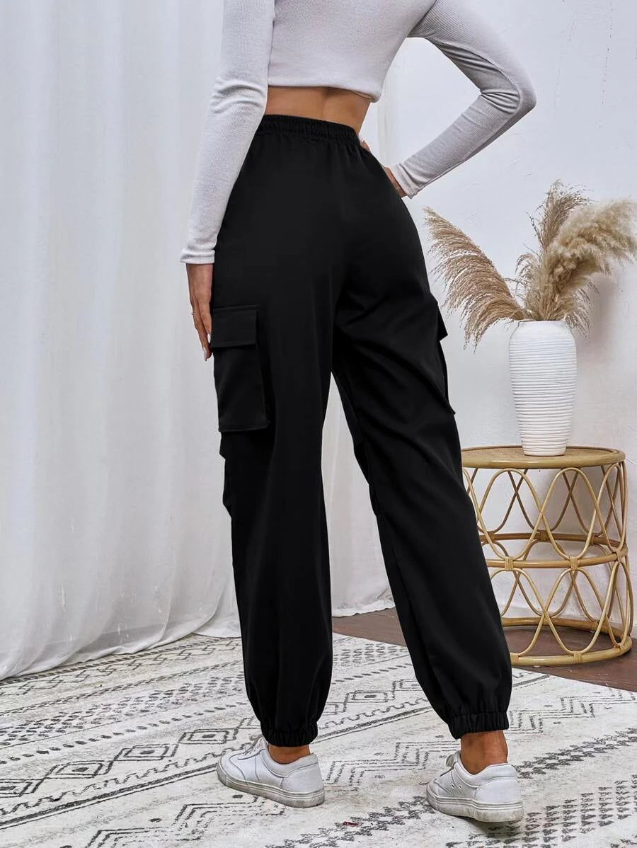 Flap Pocket Drawstring Waist Cargo Pants in Black – side profile view