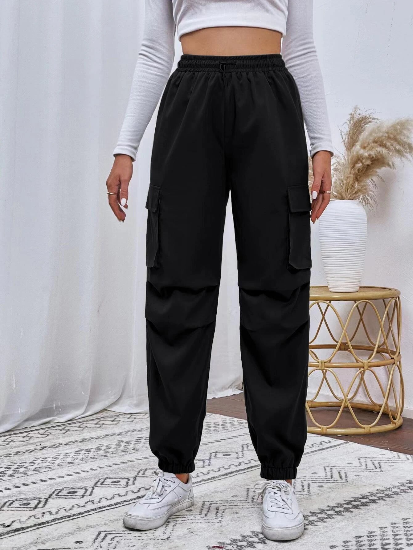 Flap Pocket Drawstring Cargo Pants – pocket detail close-up