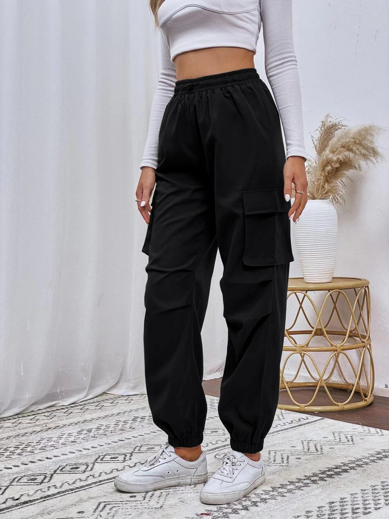 Flap Pocket Drawstring Cargo Pants – waistband detail