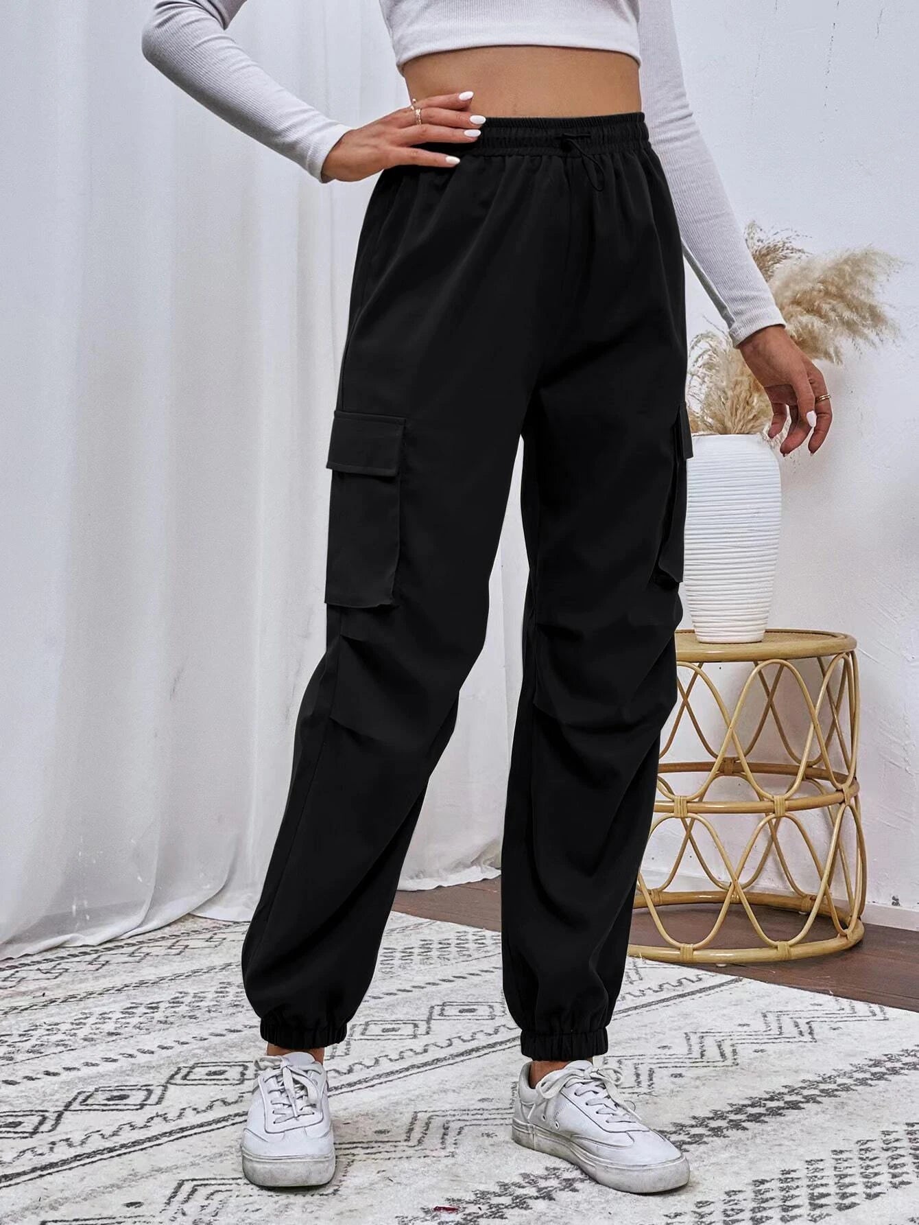 Flap Pocket Drawstring Cargo Pants – full length outfit view
