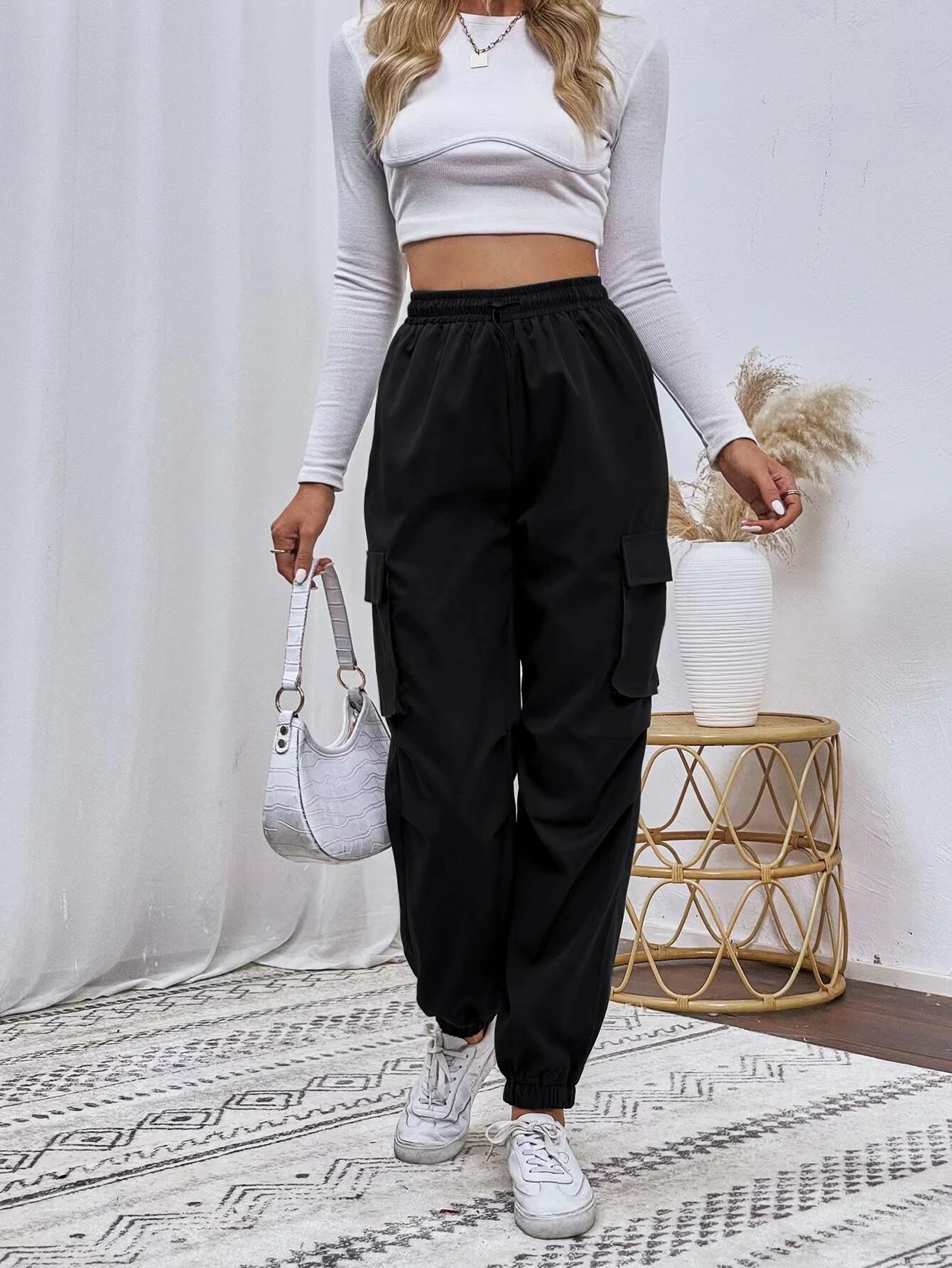 Flap Pocket Drawstring Cargo Pants – styled outfit view