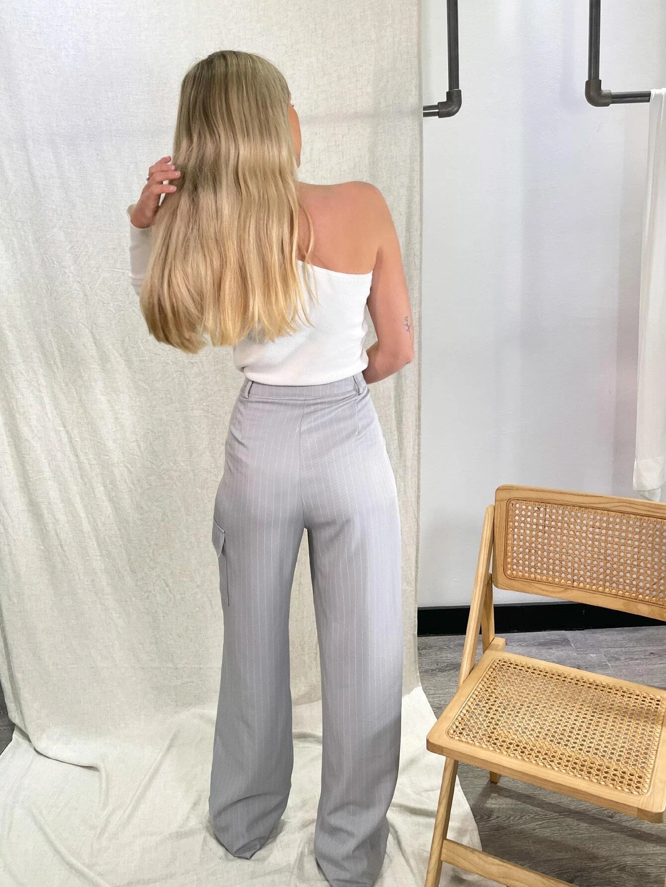 Casual Striped Print Flap Detail Pants – side profile view