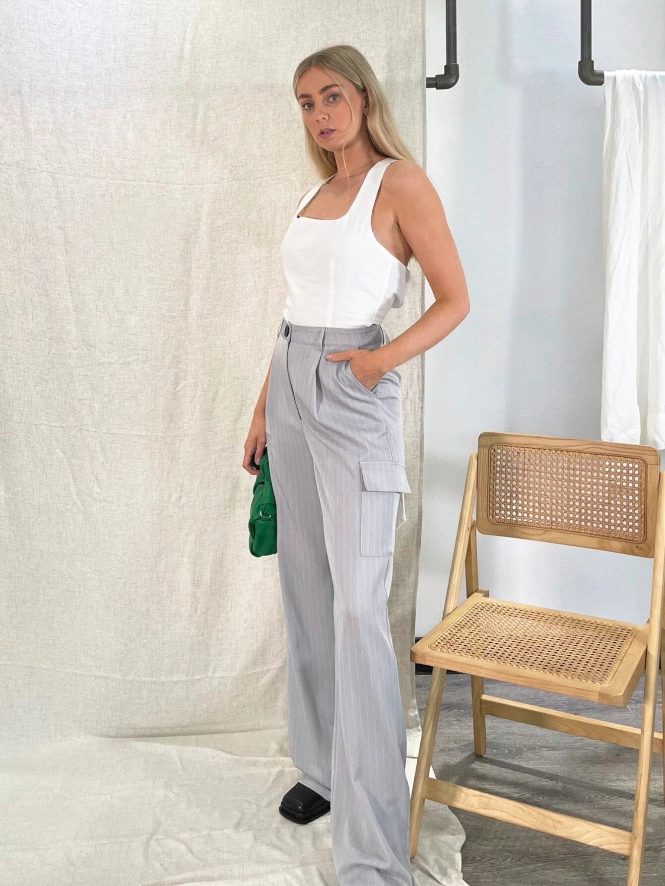Casual Striped Print Flap Detail Pants – back view detail