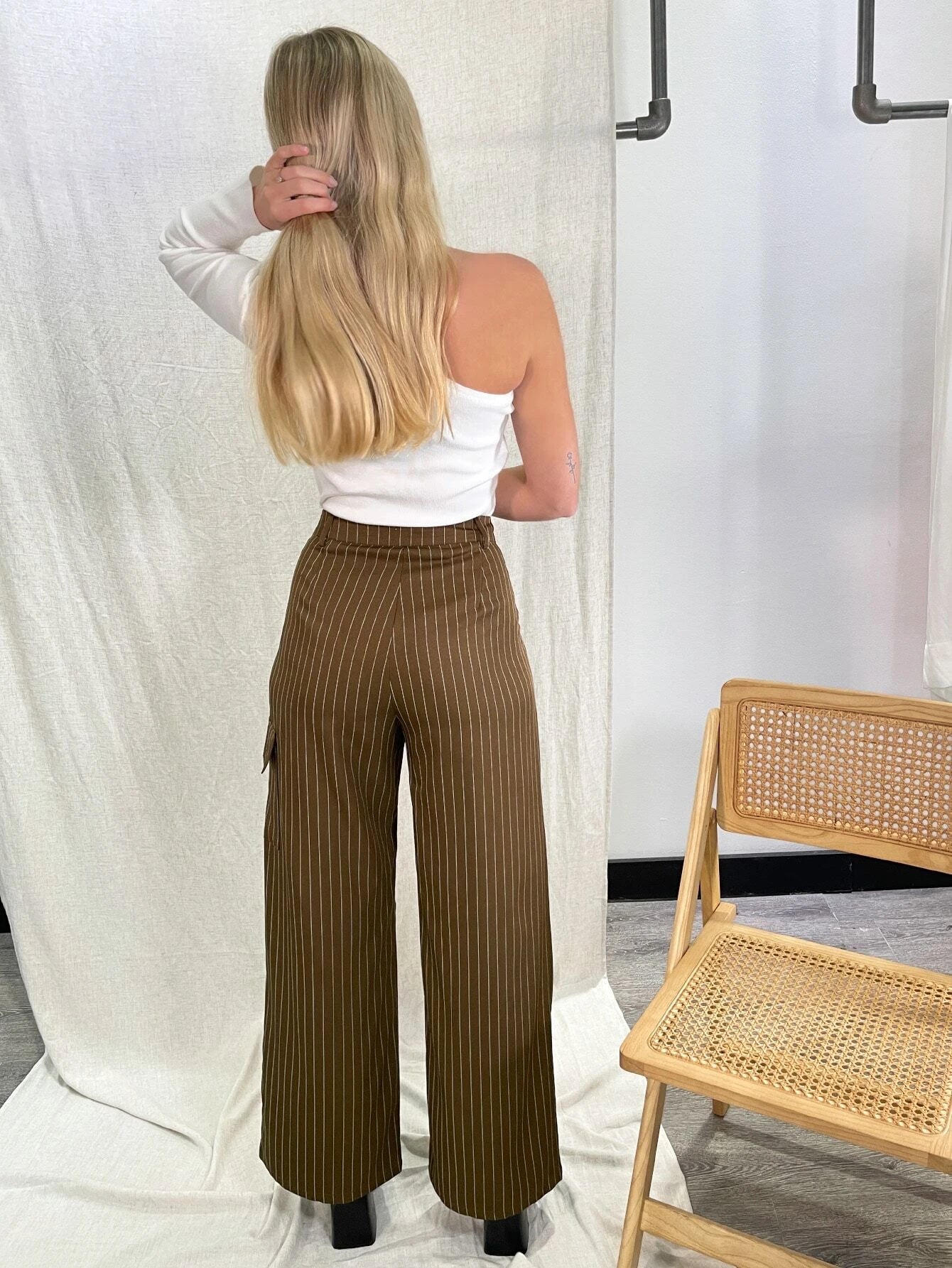 Striped Print Flap Detail Pants – side profile view