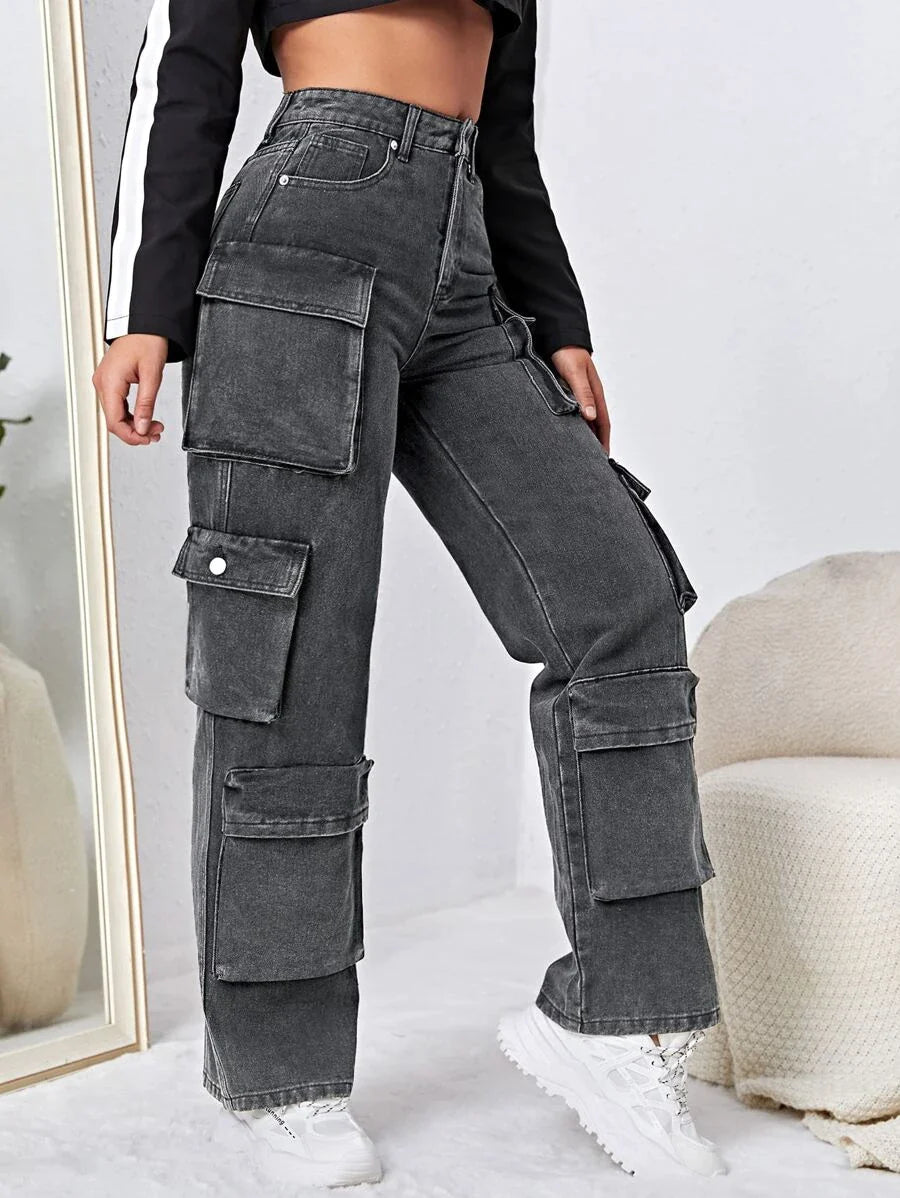 Easy Wear High Waisted Flap Pocket Cargo Jeans – styled outfit view