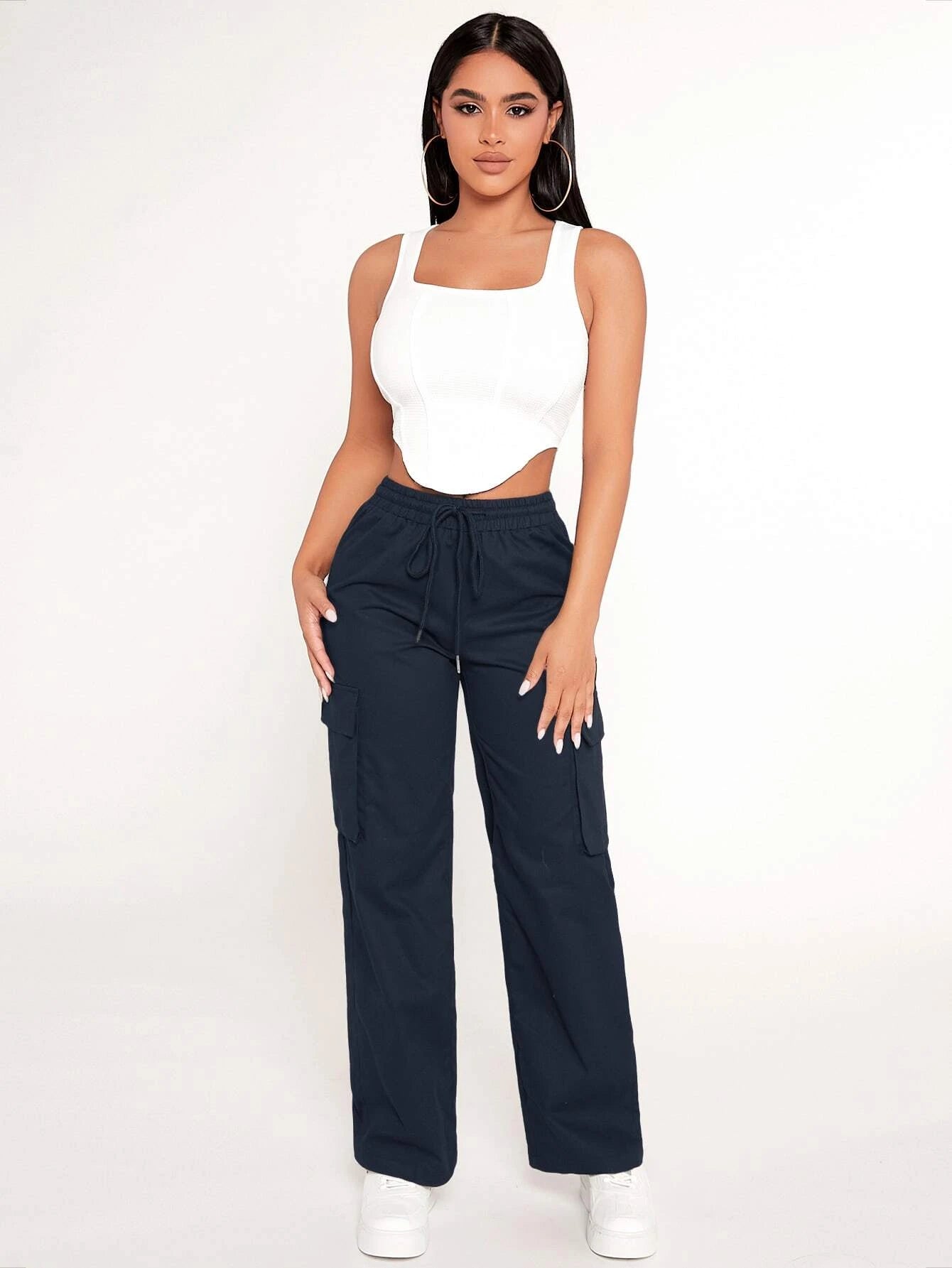 Flap Pocket Cargo Drawstring Waist Pants – side profile view