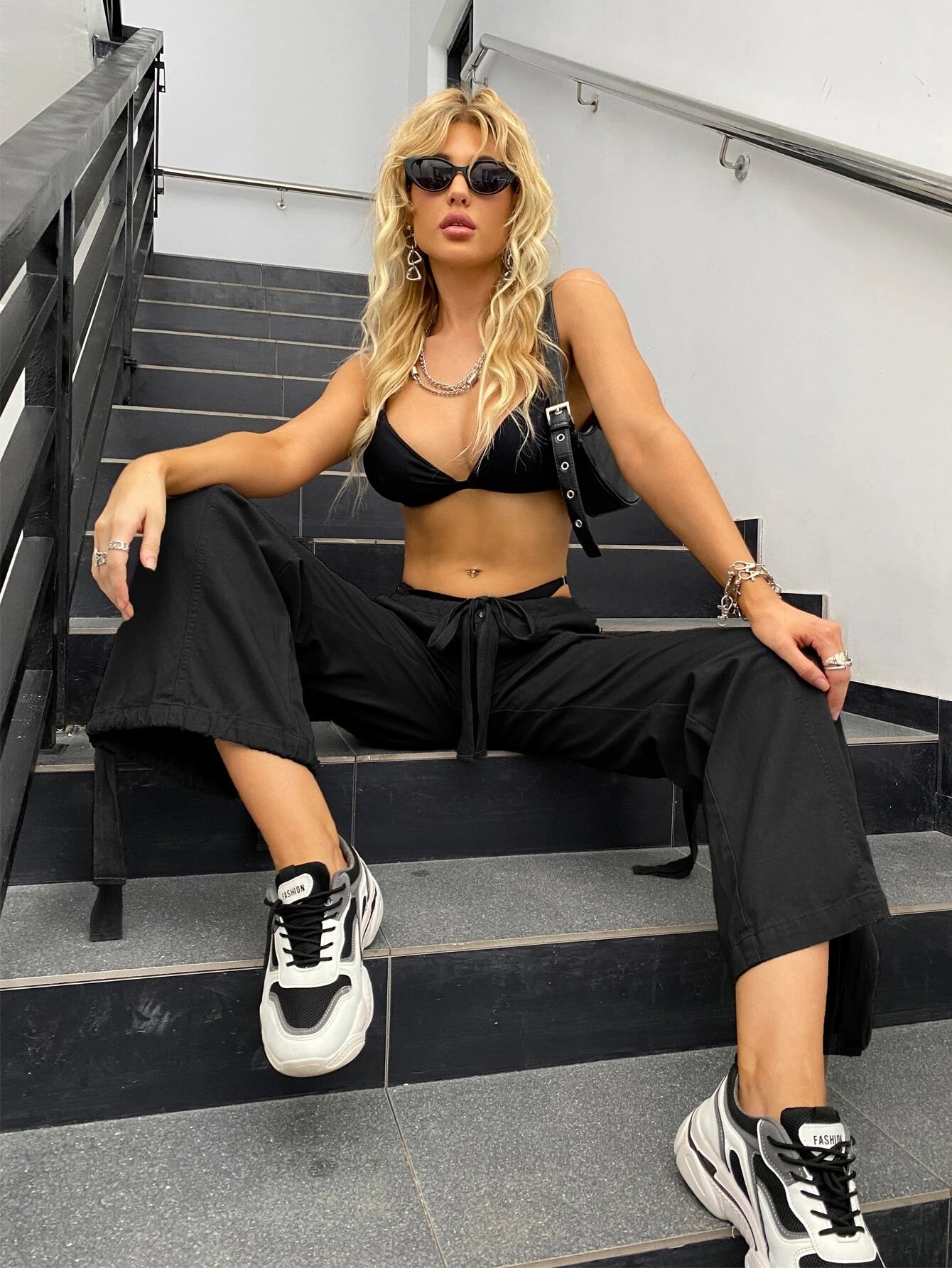 Flap Pocket Parachute Cargo Pants – full length outfit view