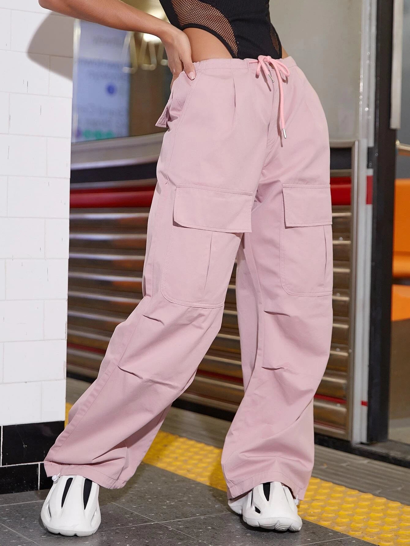 Flap Pocket Drawstring Waist Parachute Cargo Pants – women's cargo pants front view