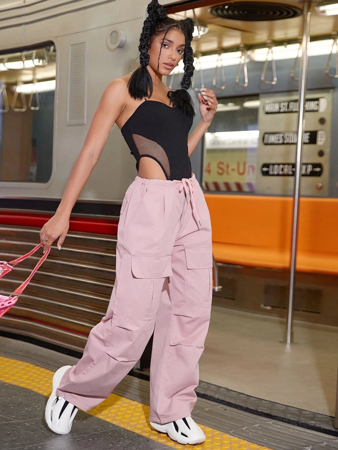Flap Pocket Drawstring Waist Parachute Cargo Pants – waistband detail