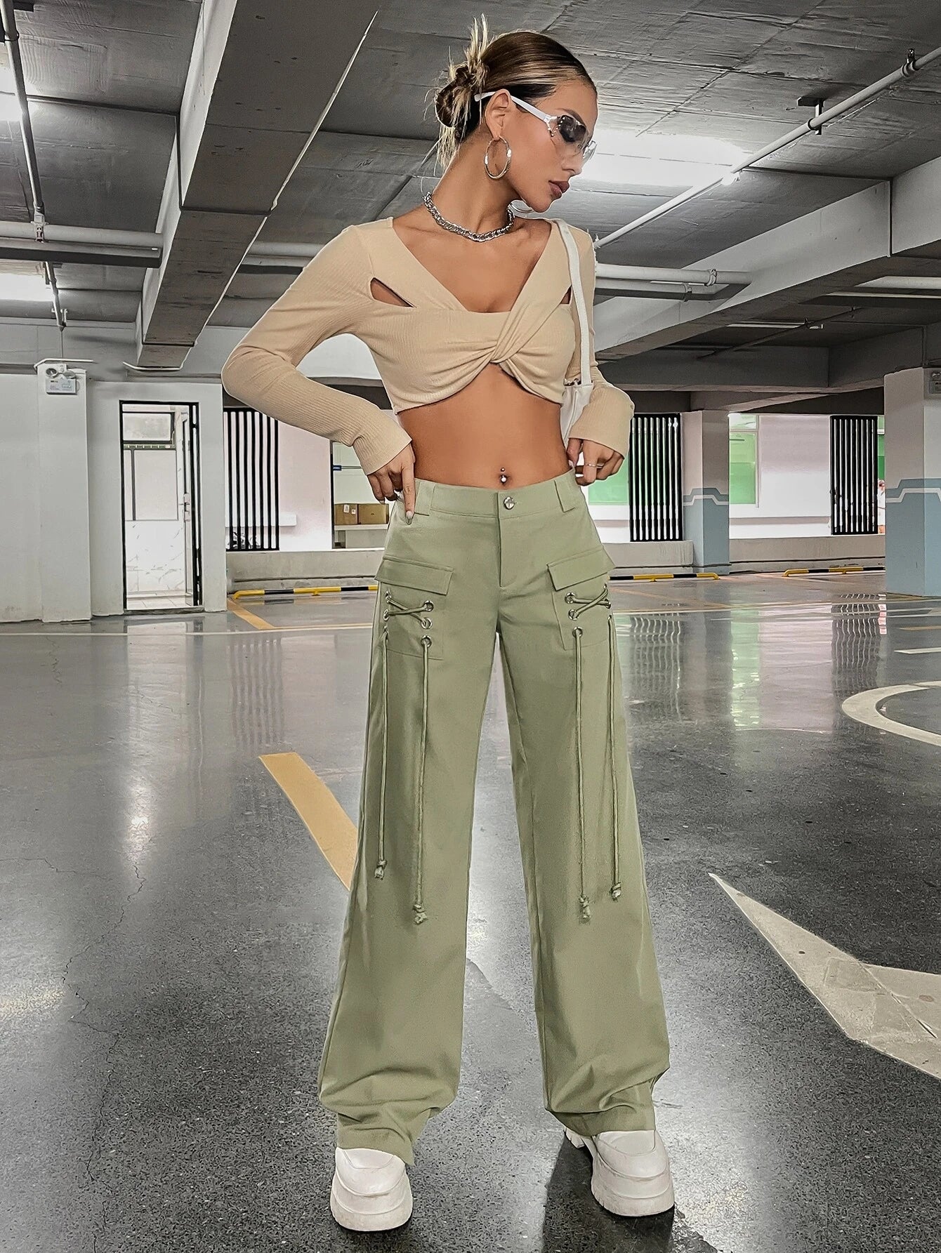 Low Rise Grommet Lace Up Flap Pocket Side Cargo Pants – side profile view