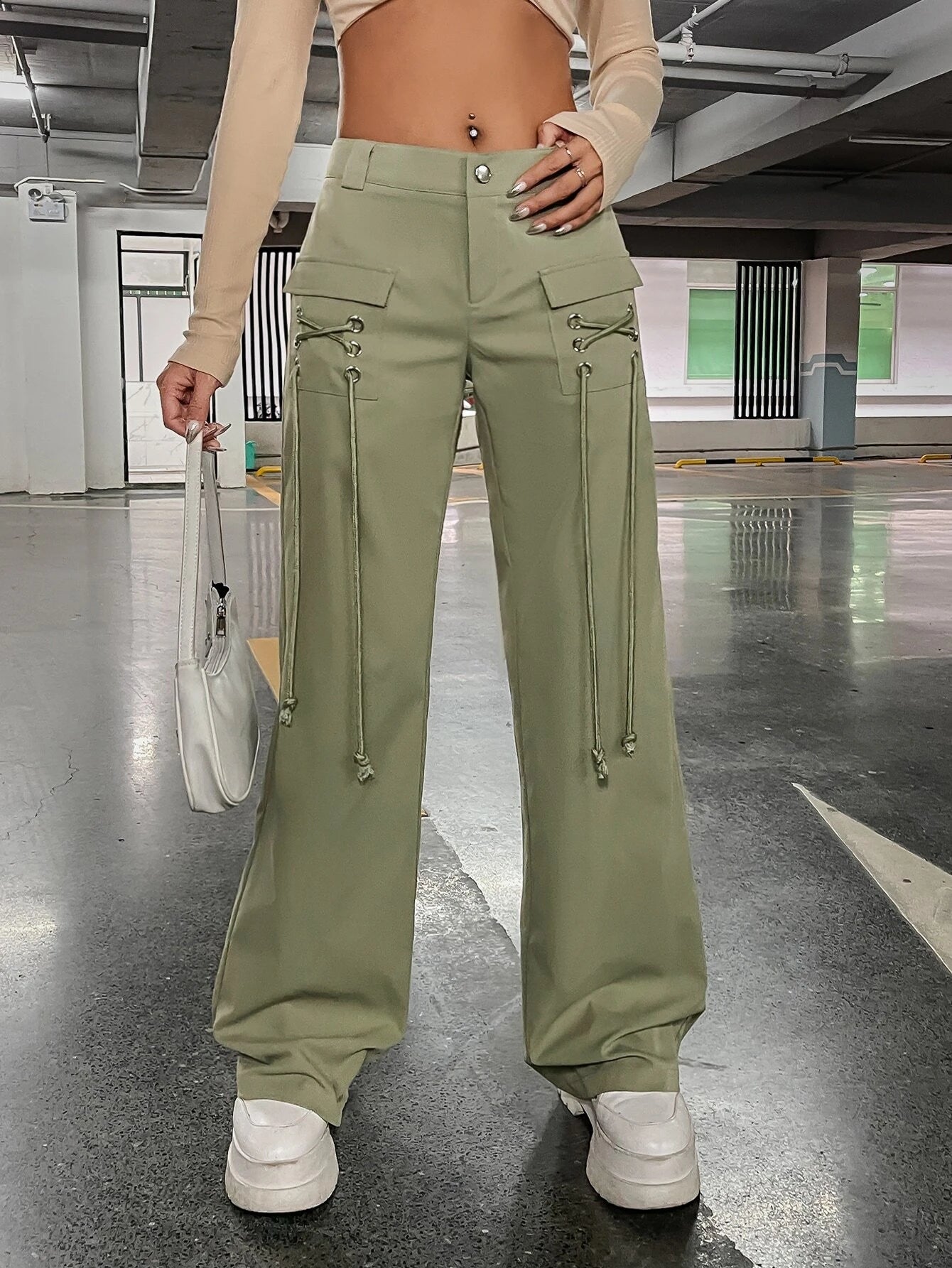 Low Rise Grommet Lace Up Flap Pocket Side Cargo Pants – back view detail