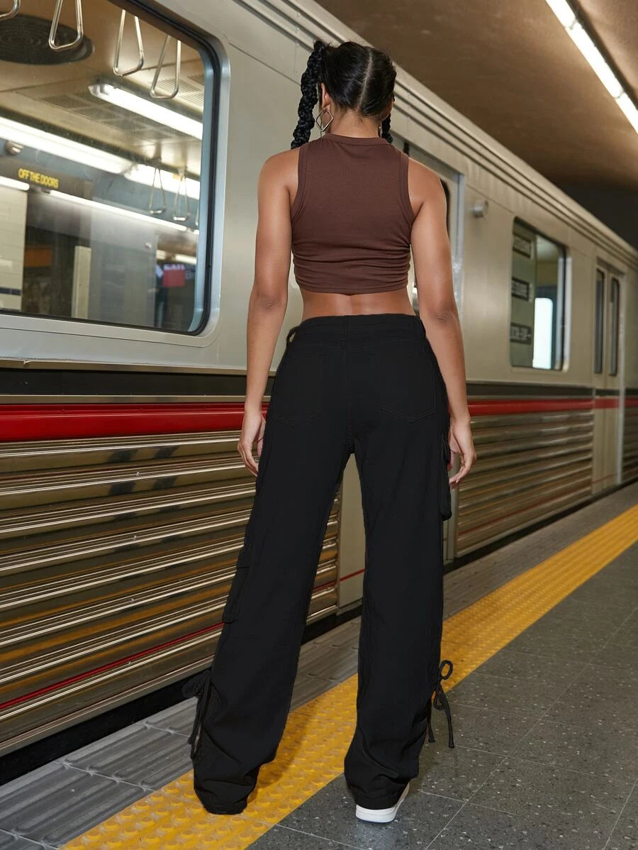 Drawstring Detail Flap Pocket Side Cargo Pants – side profile view