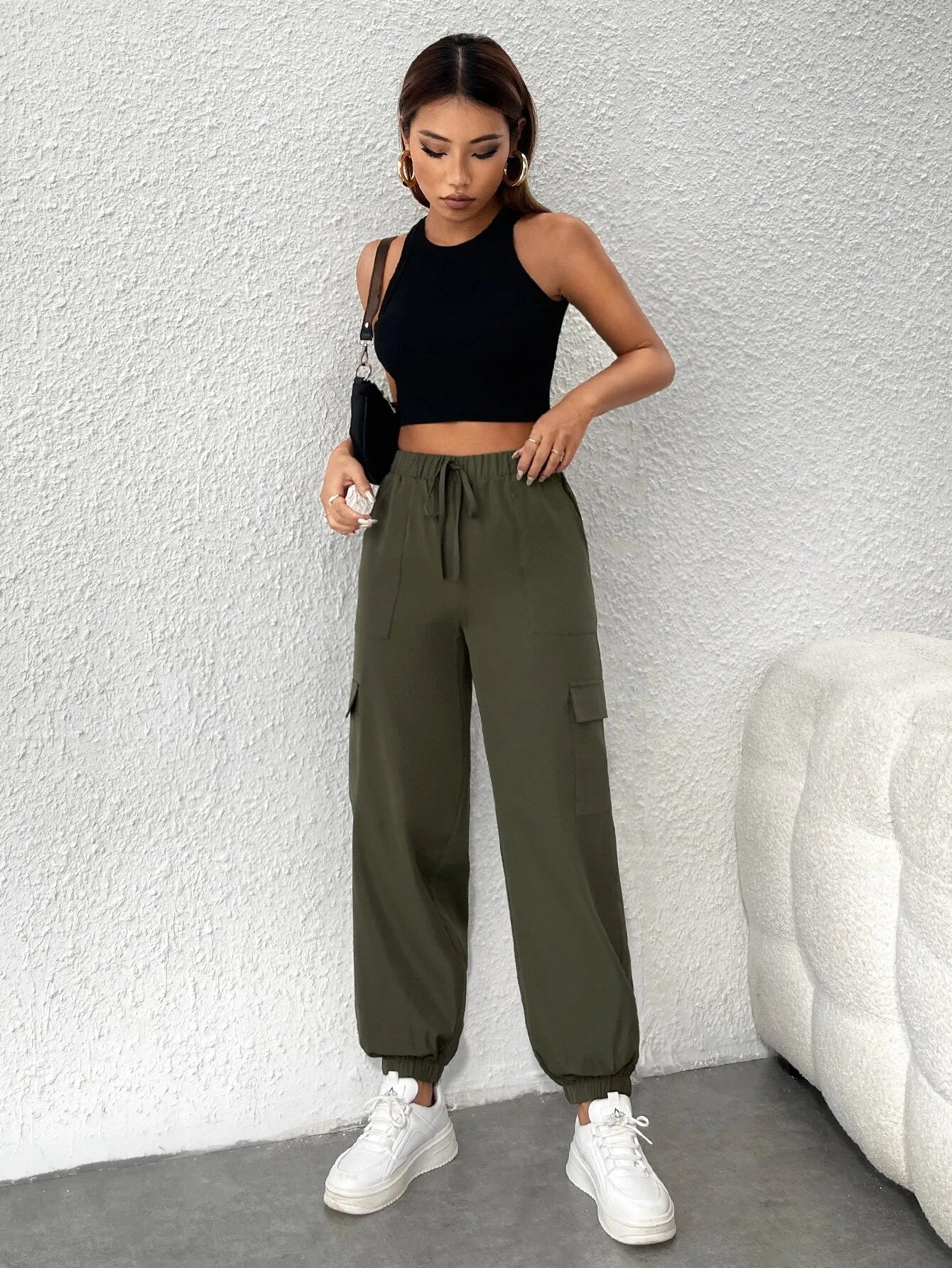 Flap Pocket Side Drawstring Cargo Pants #ants – full length outfit view