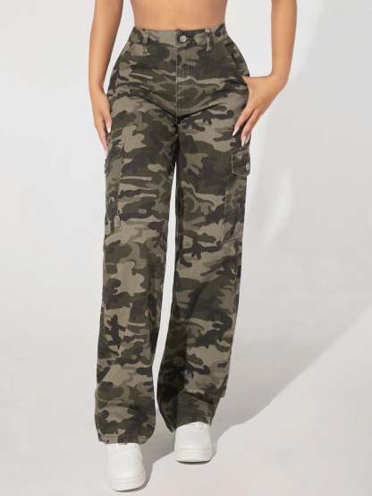 Camo Print Flap Pocket Side High Waist Cargo Jeans