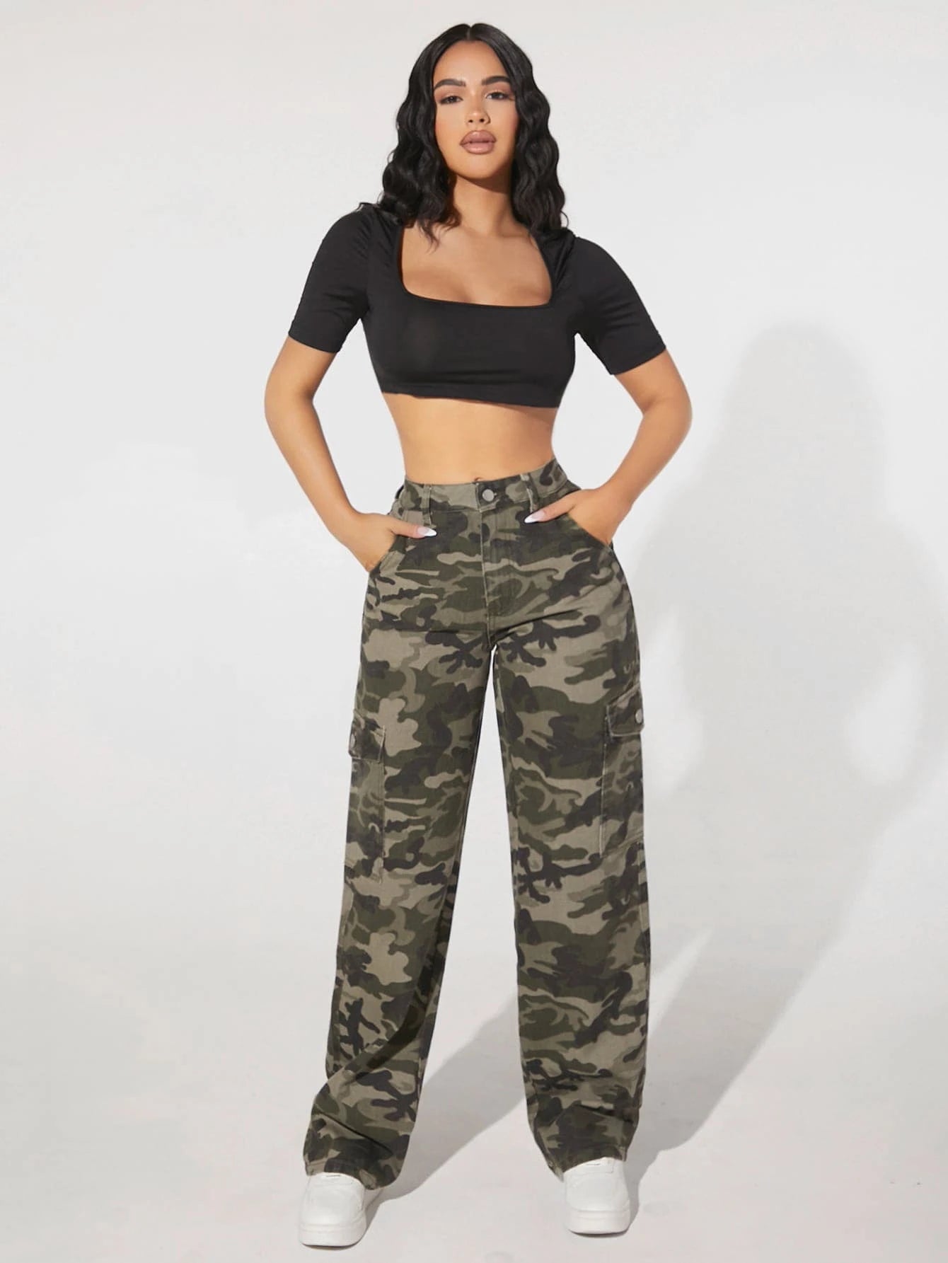 Camo Print Flap Pocket Side High Waist Cargo JeansCamo Print Flap Pocket Side High Waist Cargo Jeans - Image 14